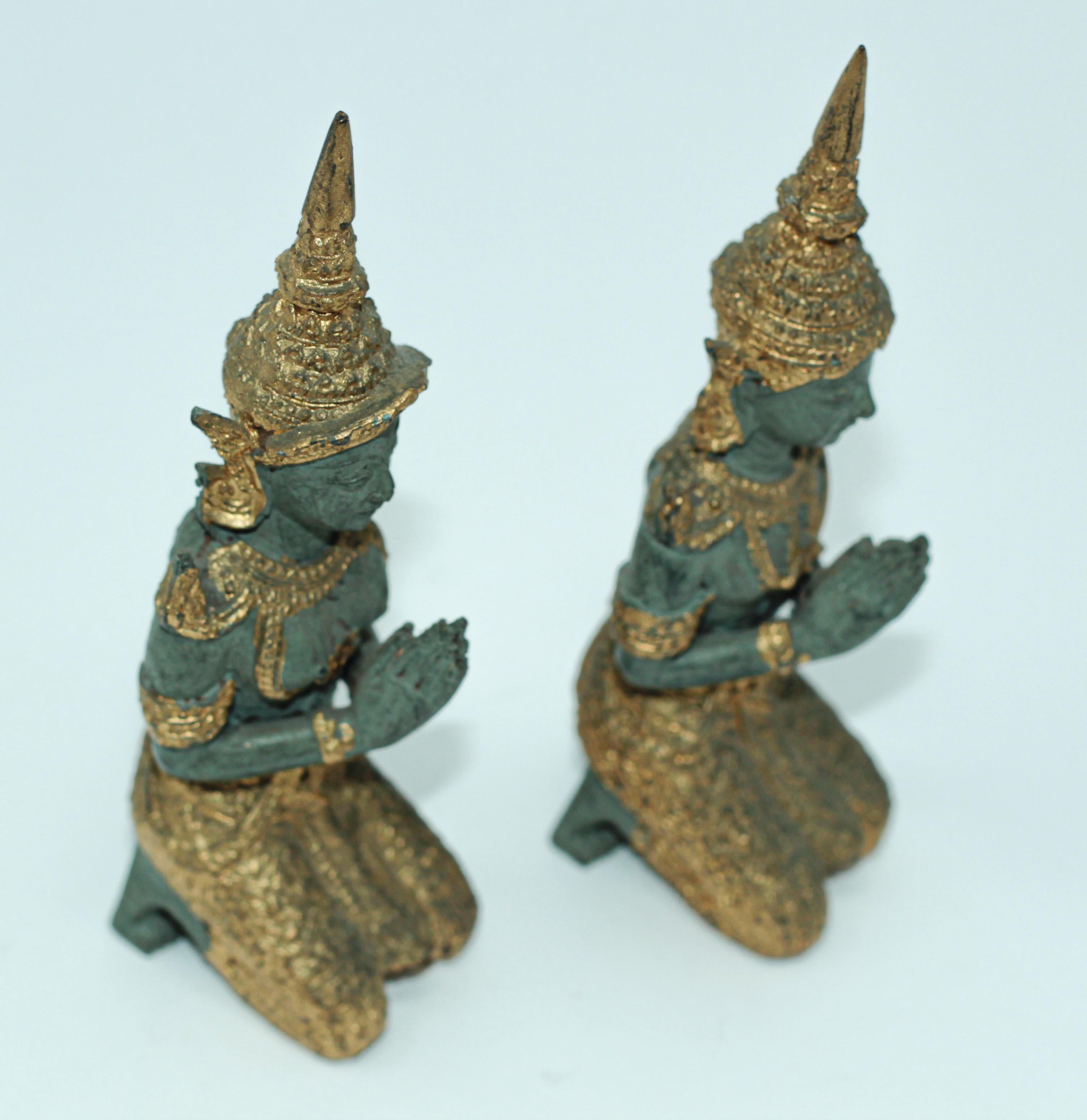 Asian Gilt Bronze Pair of Teppanom kneeling Thai Sacred Angels 1