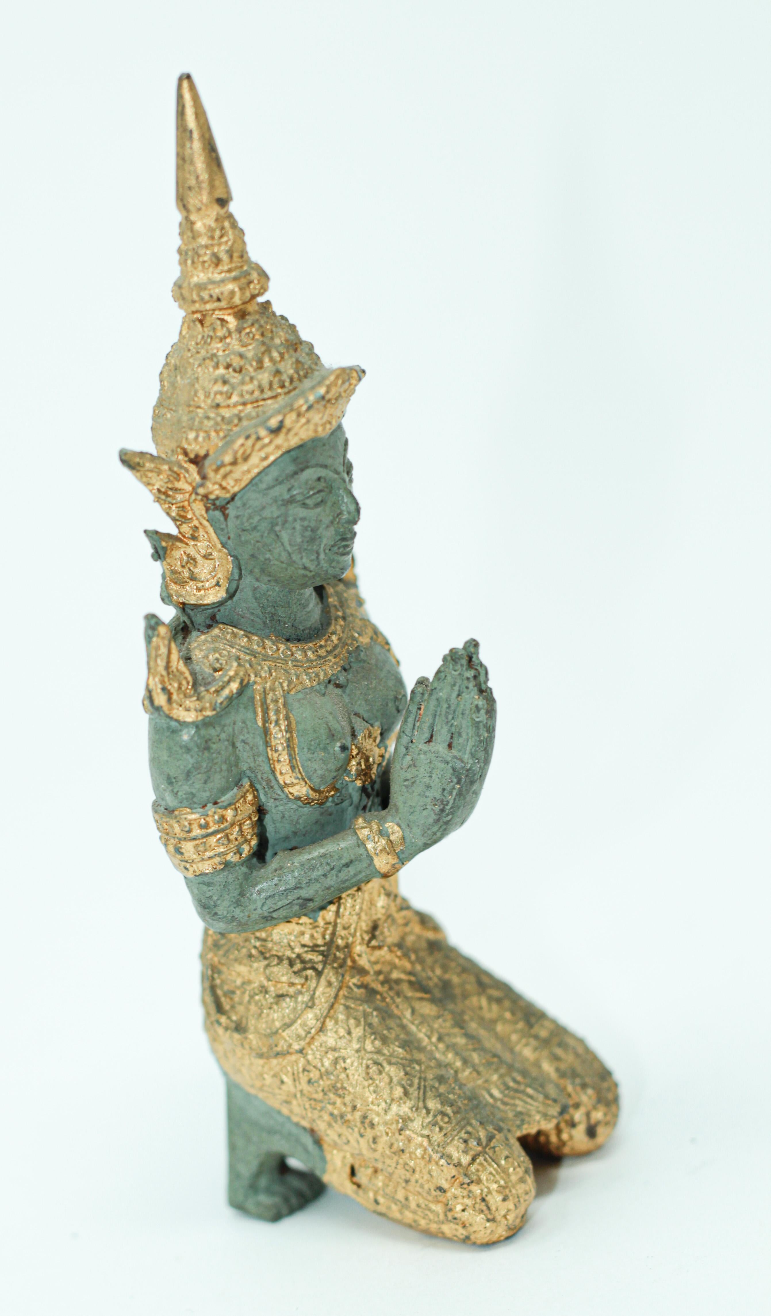 Asian Gilt Bronze Pair of Teppanom kneeling Thai Sacred Angels 4