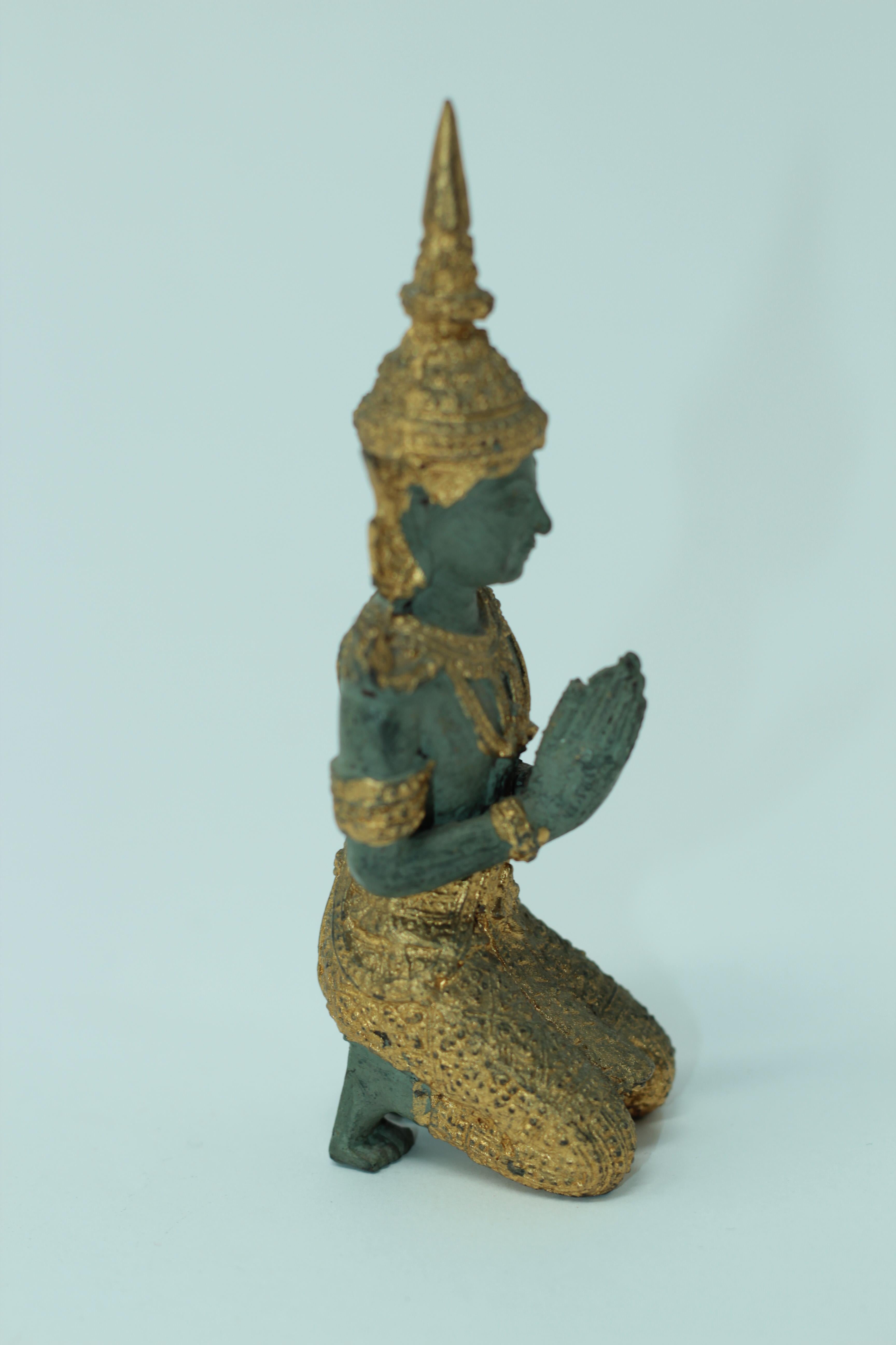 Asian Gilt Bronze Pair of Teppanom kneeling Thai Sacred Angels 5