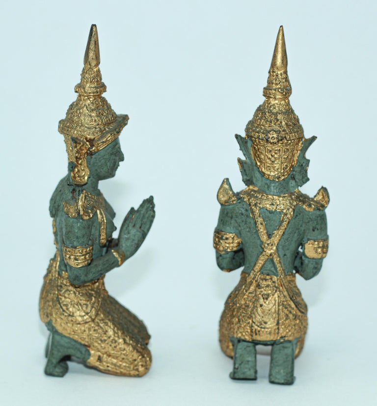 Asian Gilt Bronze Pair of Teppanom kneeling Thai Sacred Angels at