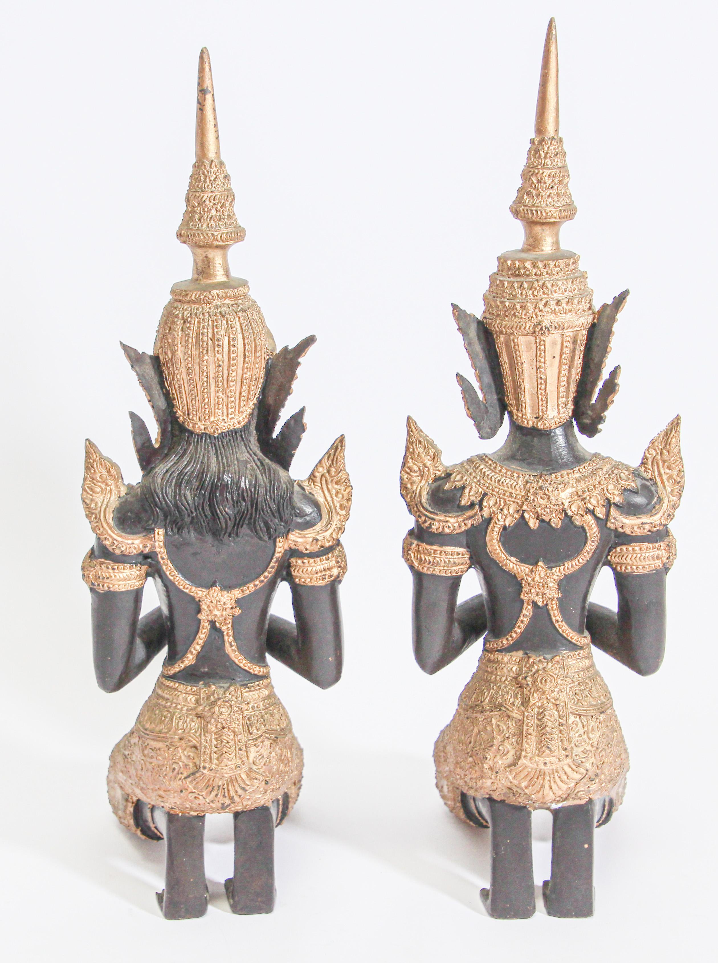 Folk Art Asian Gilt Bronze Pair of Teppanom kneeling Thai Sacred Angels