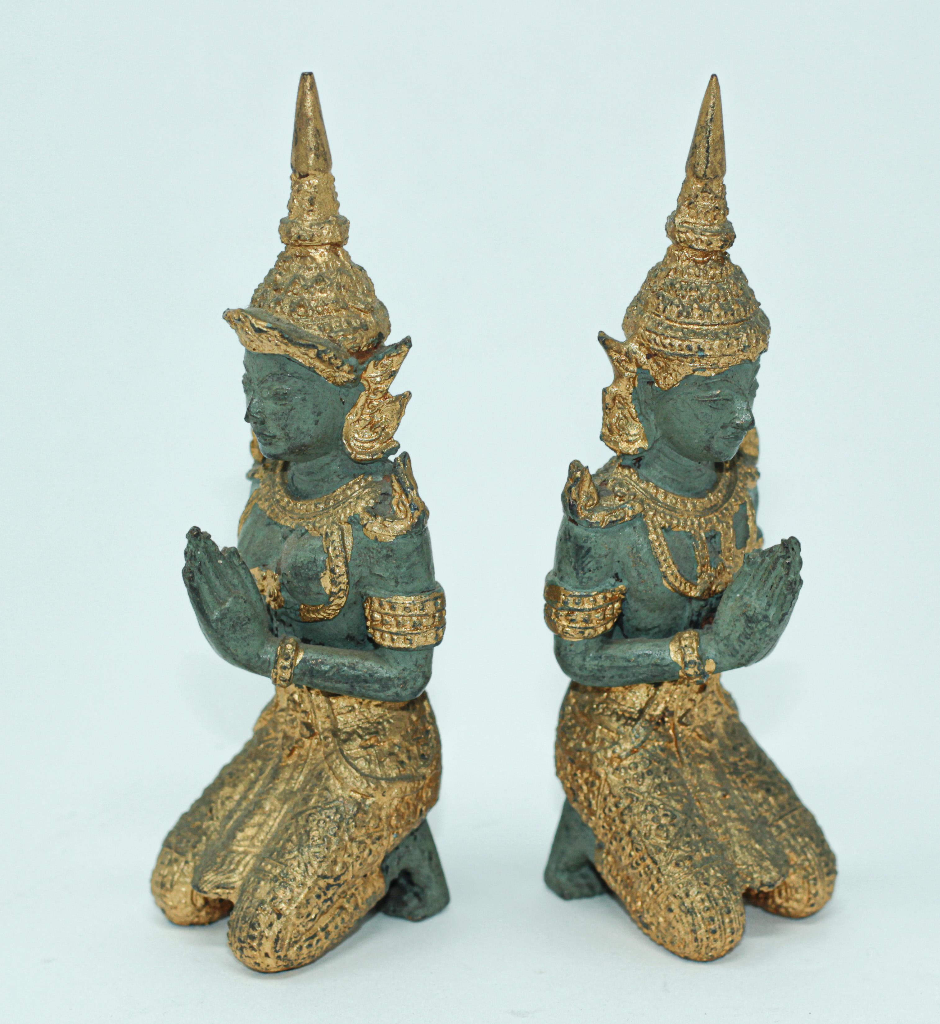 Folk Art Asian Gilt Bronze Pair of Teppanom kneeling Thai Sacred Angels