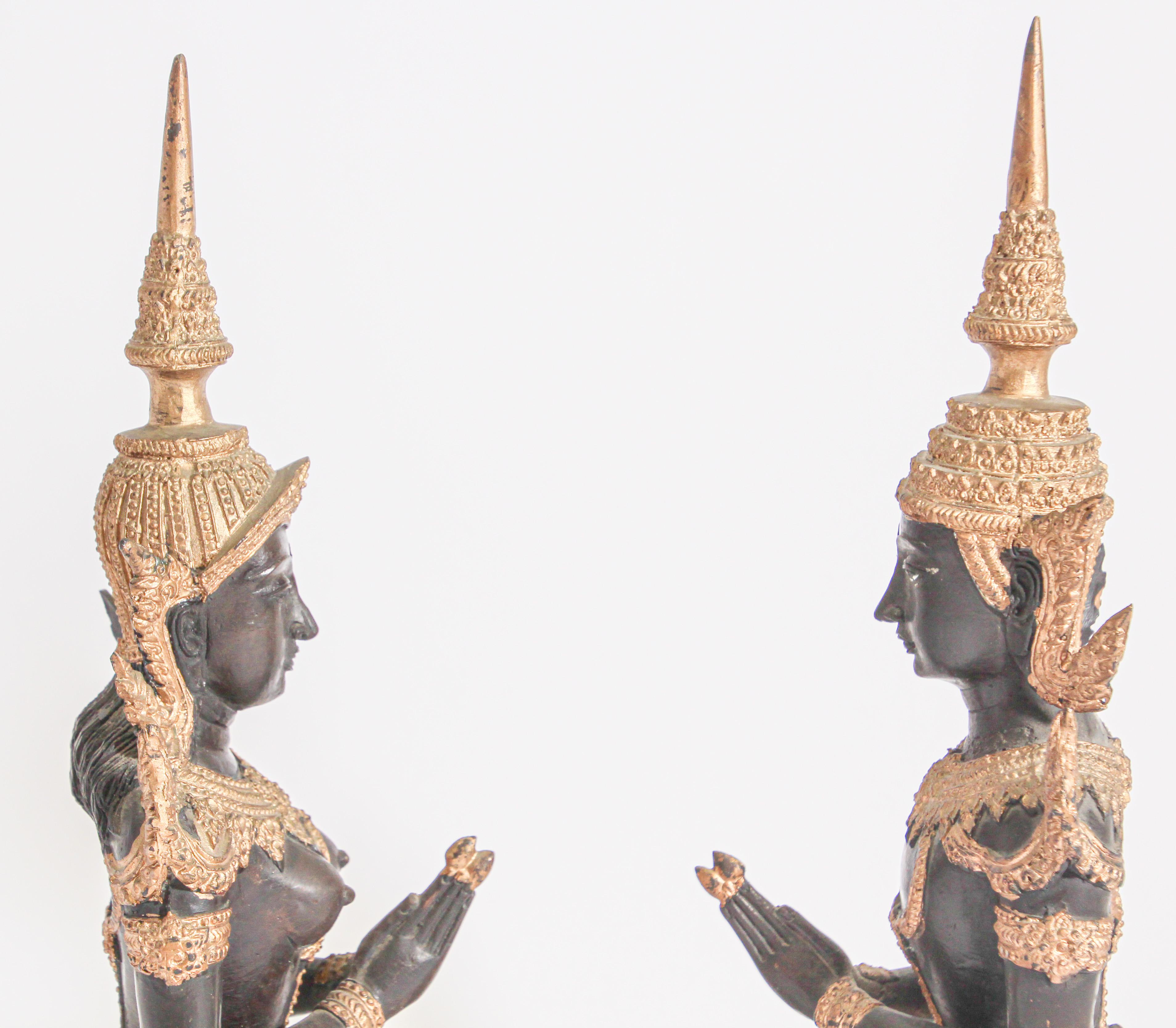 Cast Asian Gilt Bronze Pair of Teppanom kneeling Thai Sacred Angels