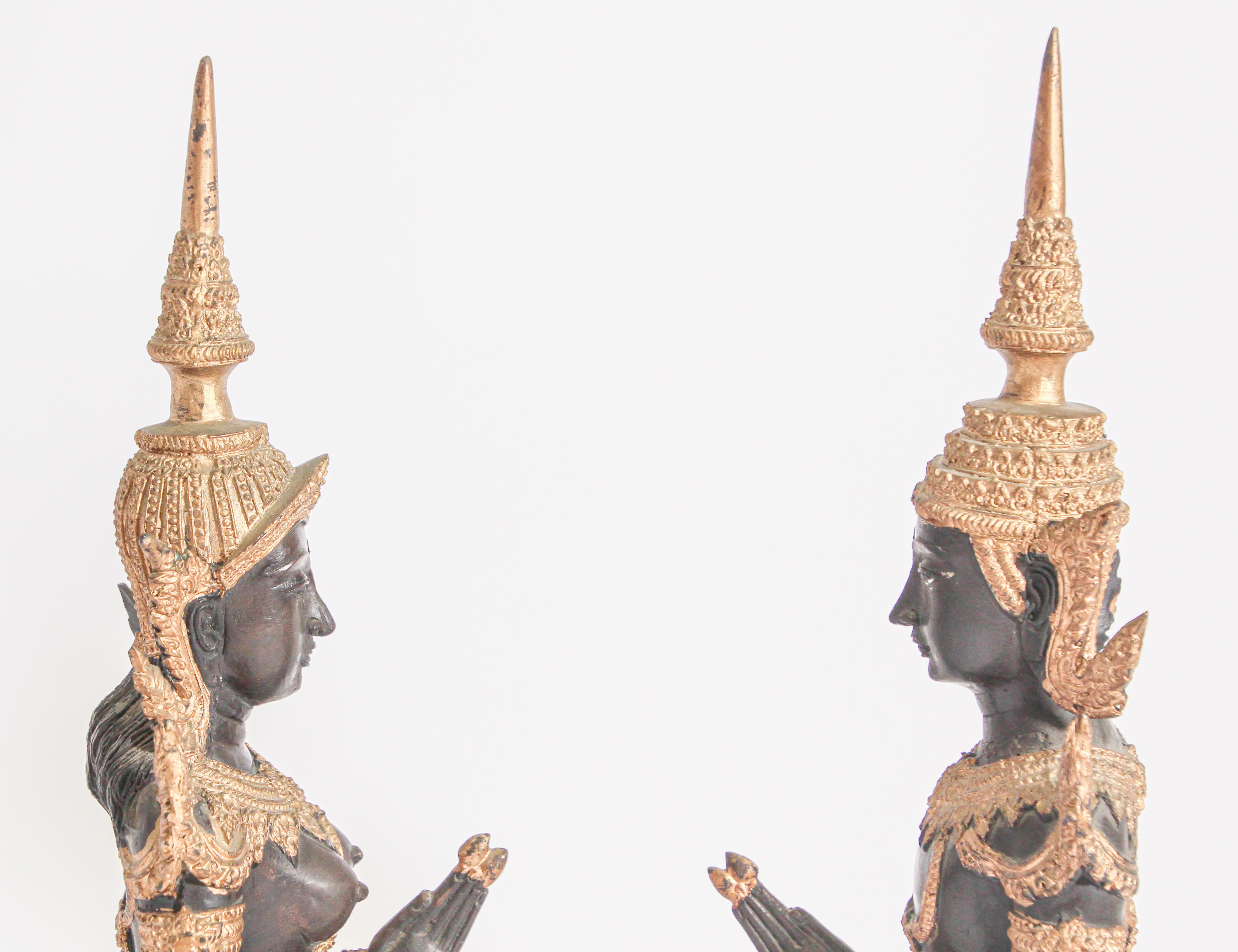 Asian Gilt Bronze Pair of Teppanom kneeling Thai Sacred Angels In Good Condition In North Hollywood, CA