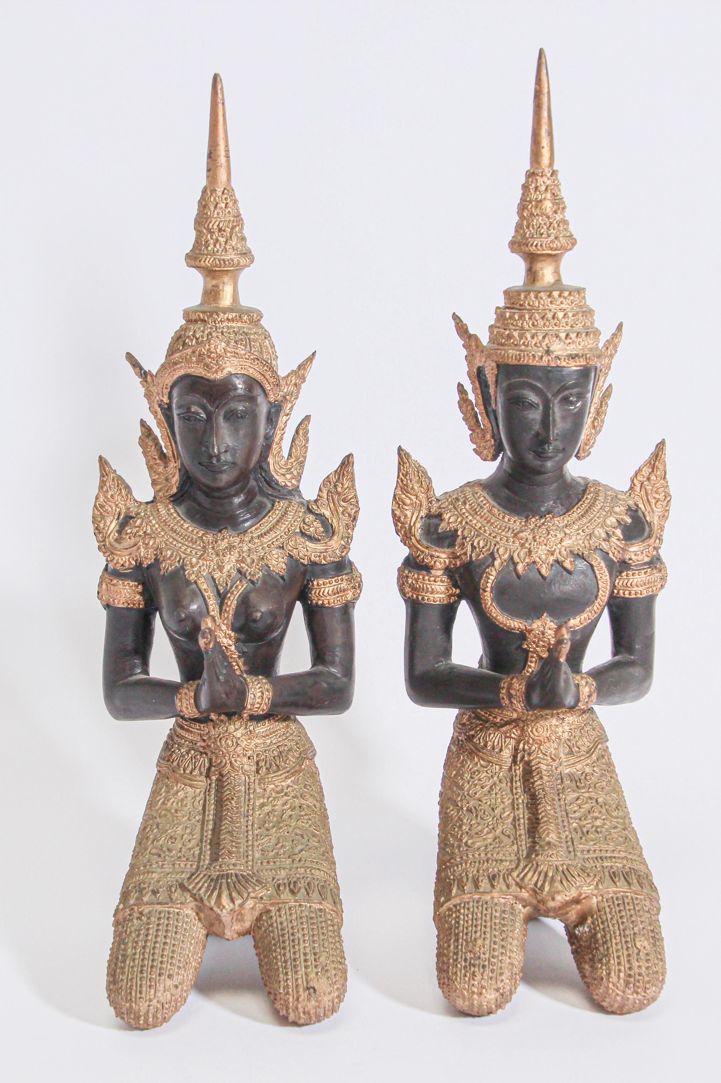 Mid-20th Century Asian Gilt Bronze Pair of Teppanom kneeling Thai Sacred Angels