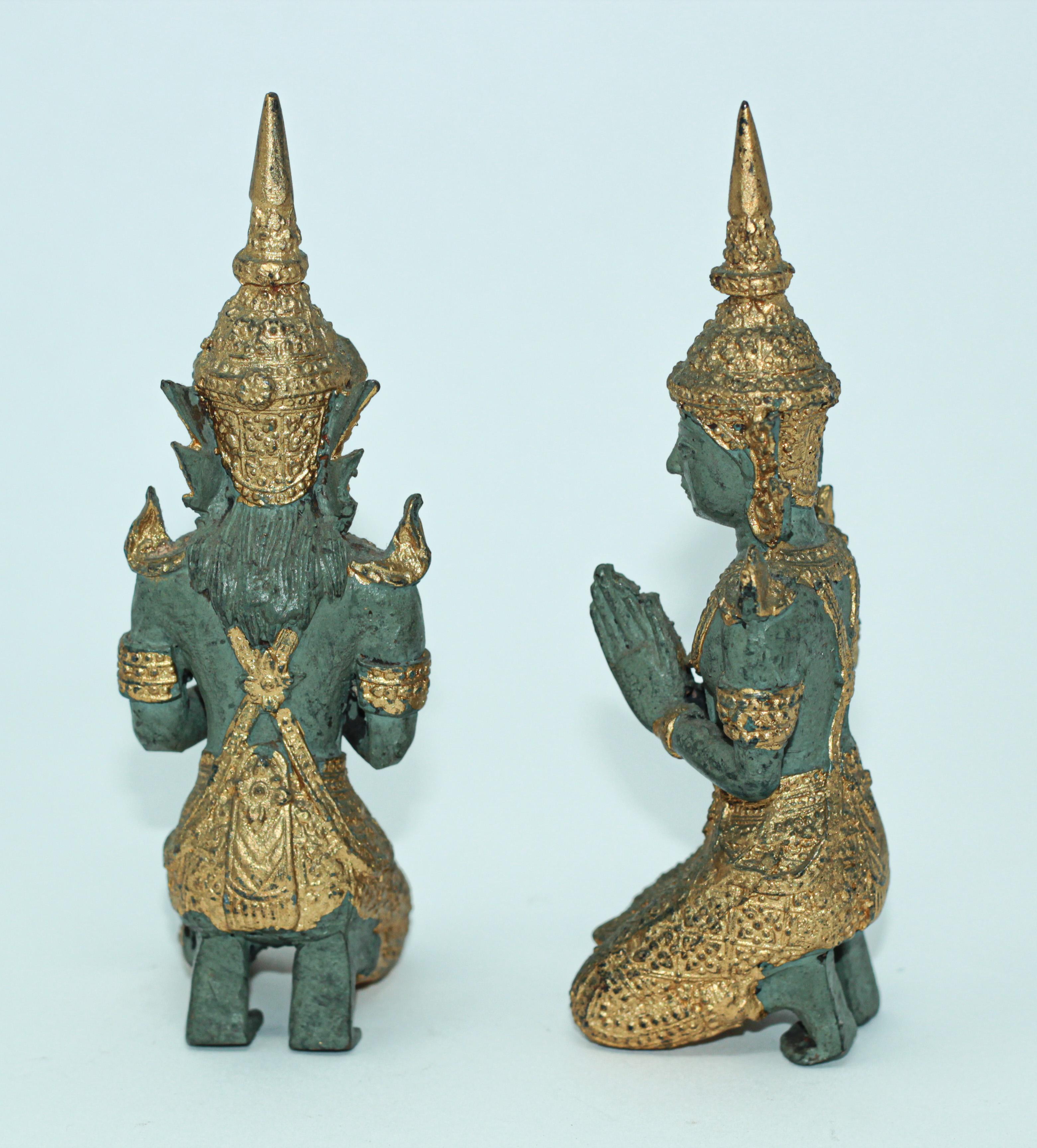 Mid-20th Century Asian Gilt Bronze Pair of Teppanom kneeling Thai Sacred Angels