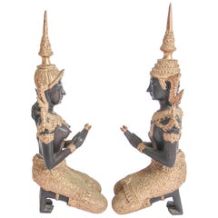 Asian Gilt Bronze Pair of Teppanom kneeling Thai Sacred Angels