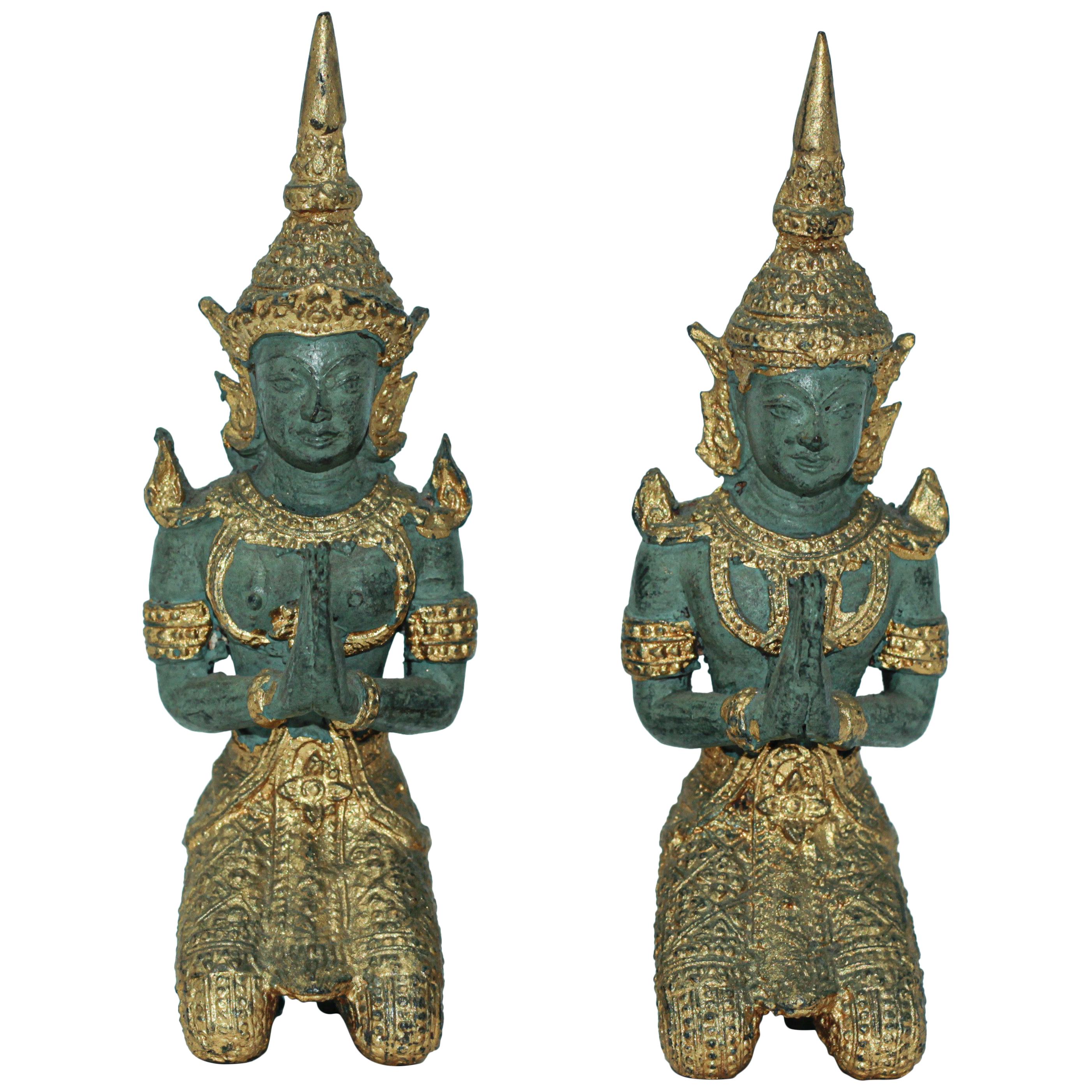 Asian Gilt Bronze Pair of Teppanom kneeling Thai Sacred Angels