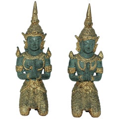 Vintage Asian Gilt Bronze Pair of Teppanom kneeling Thai Sacred Angels