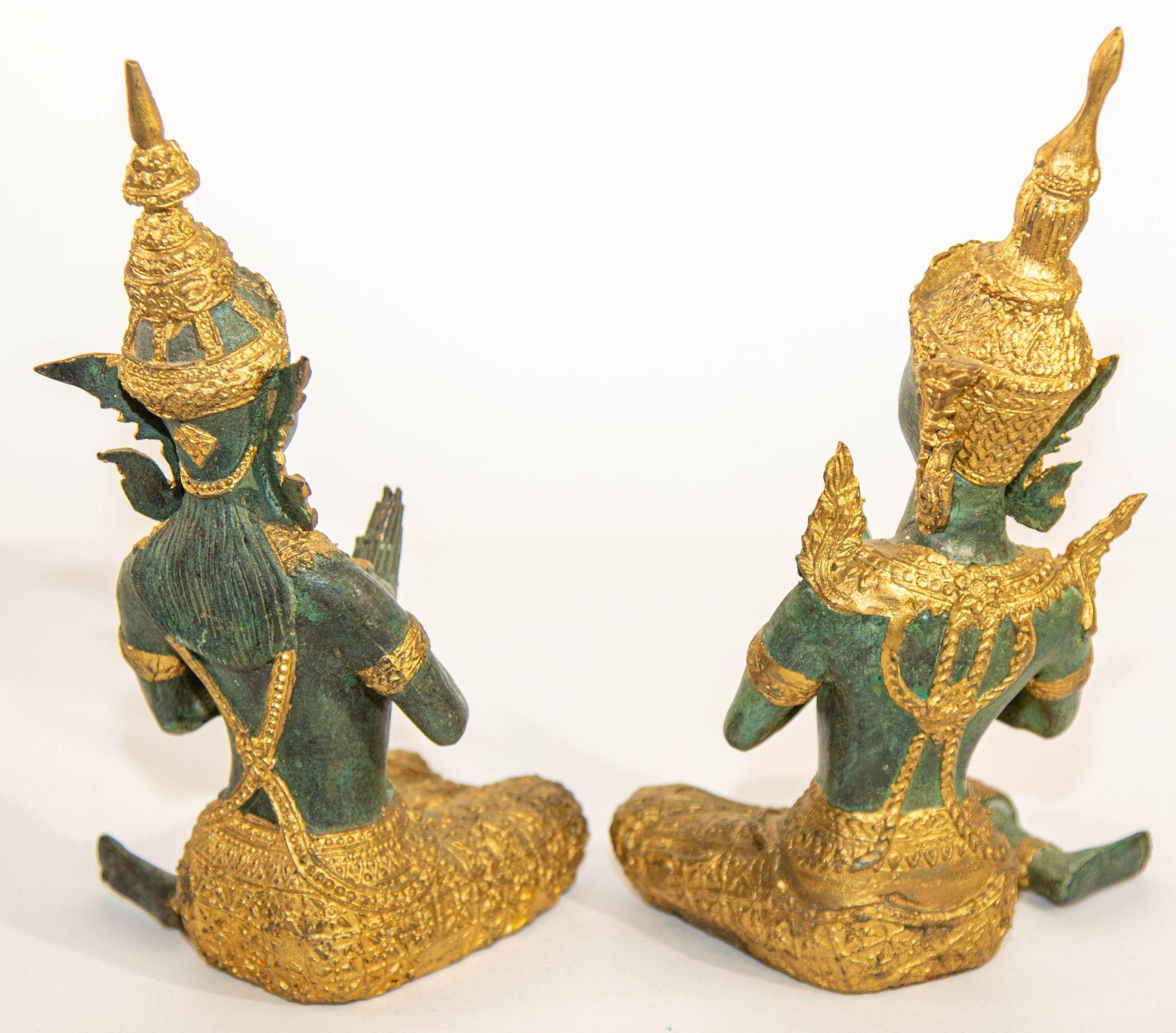 Folk Art Asian Gilt Bronze Teppanom Kneeling Thai Sacred Angels For Sale