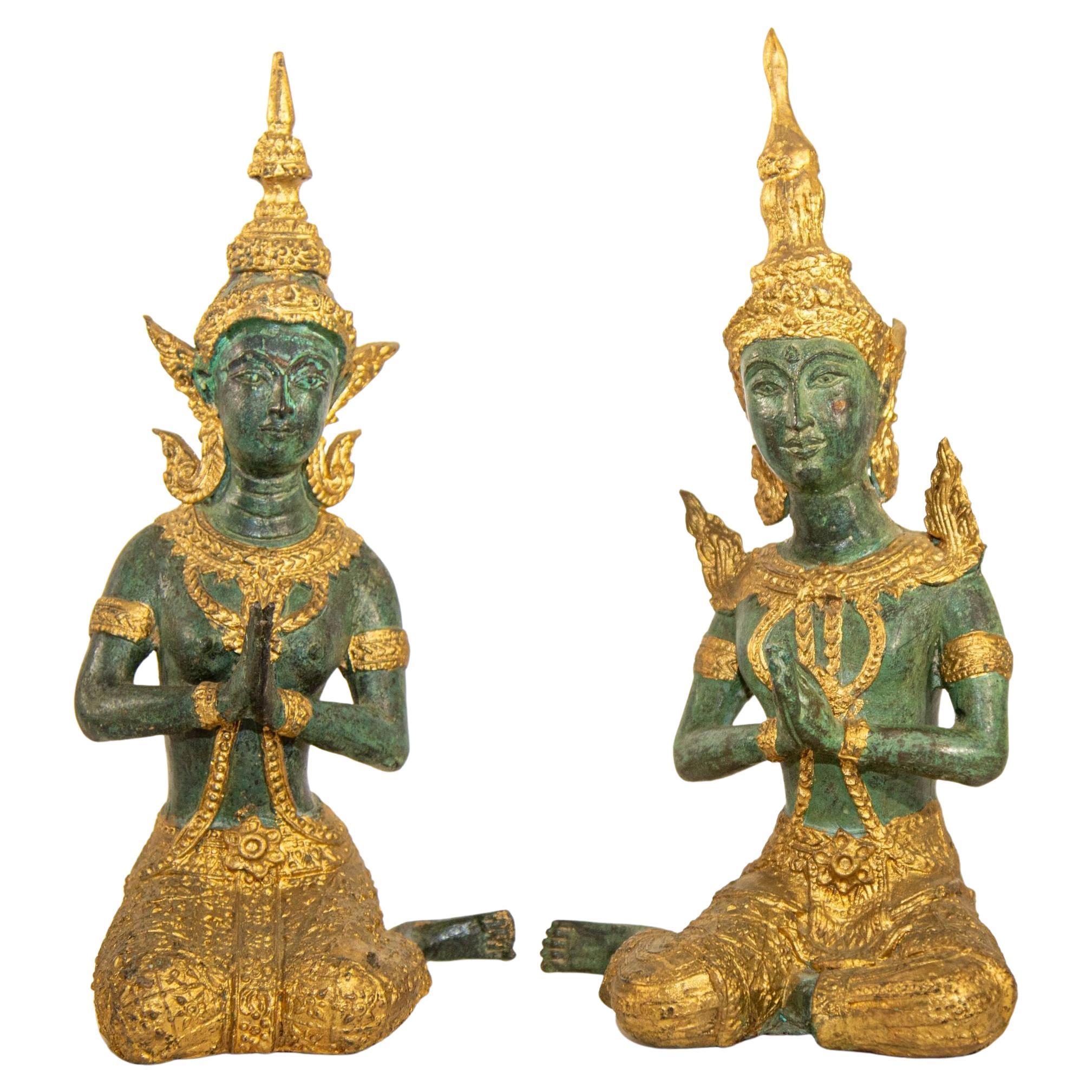 Asian Gilt Bronze Teppanom Kneeling Thai Sacred Angels