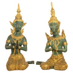 Antique Asian Gilt Bronze Teppanom Kneeling Thai Sacred Angels