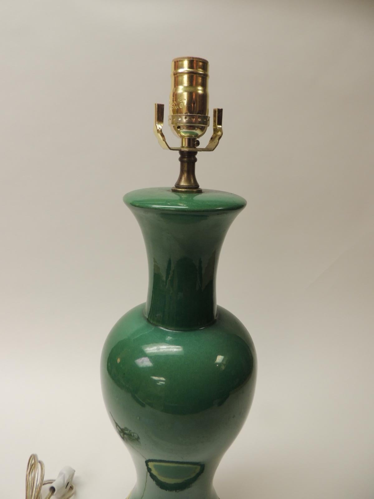 Asian Vintage Green Ceramic Lamp with Brass Fittings