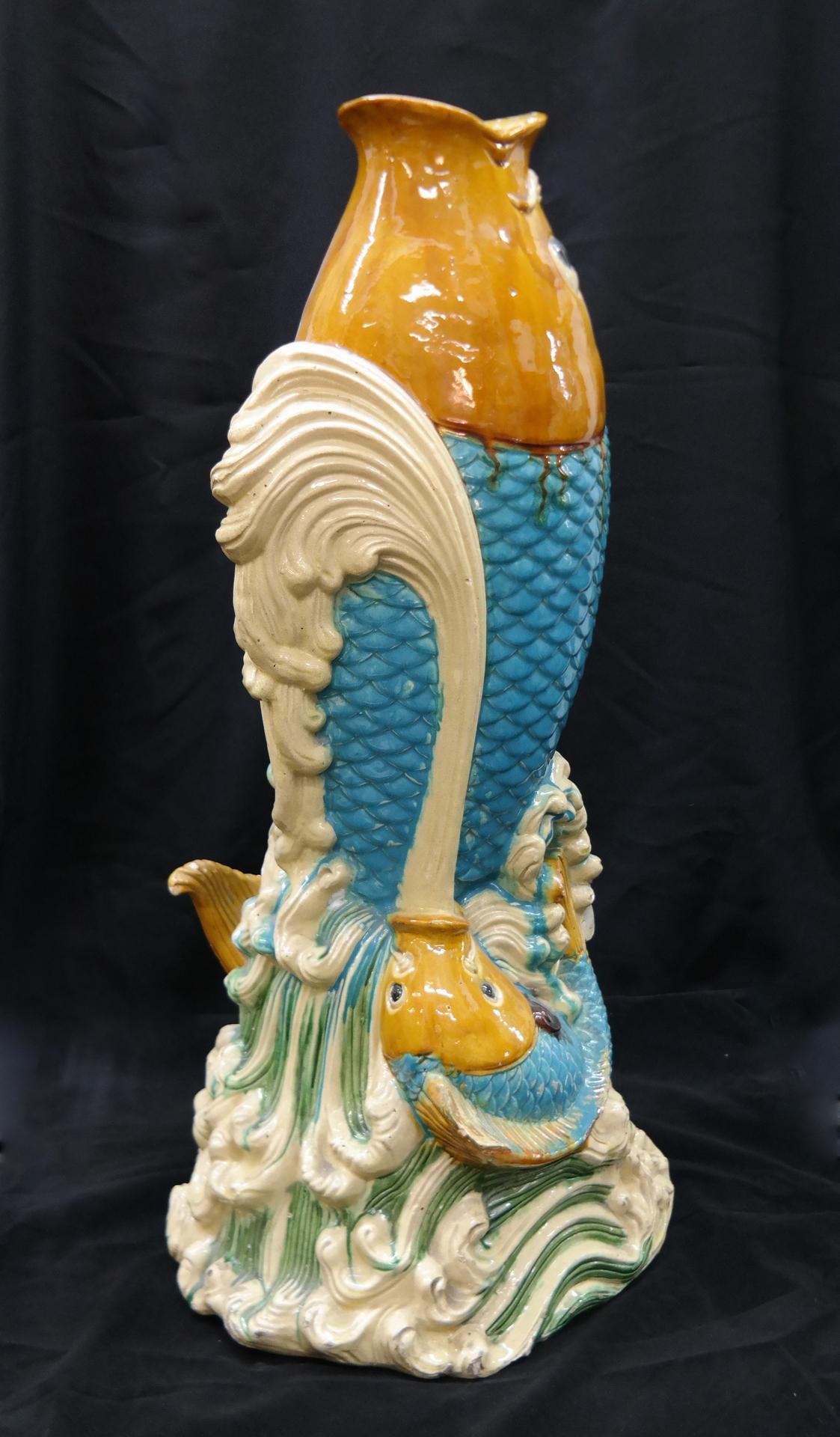 Chinese Export Asian Glazed Ceramic Leaping Fish Giant Floor Vase, 20th Century