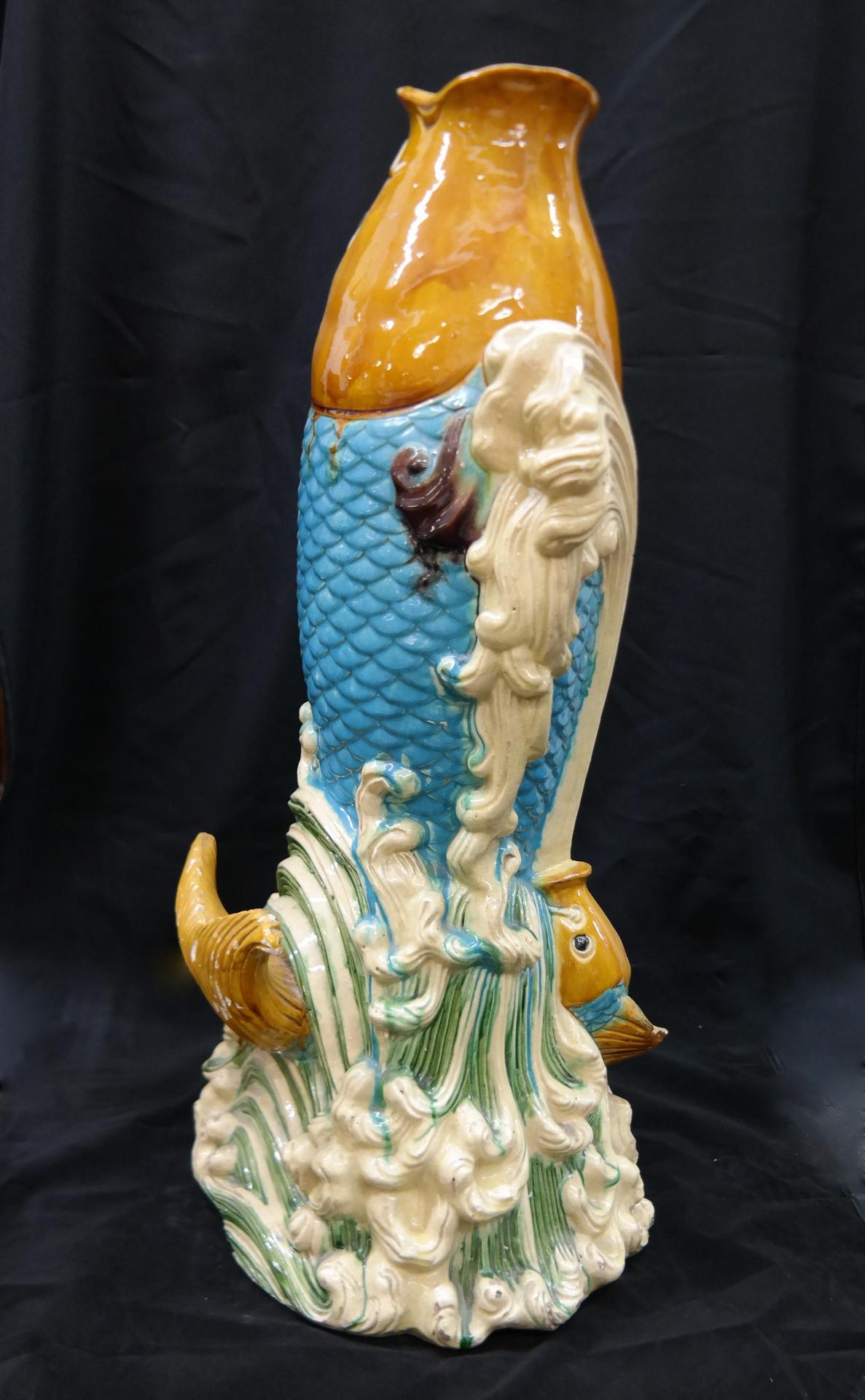 Majolica Asian Glazed Ceramic Leaping Fish Giant Floor Vase, 20th Century