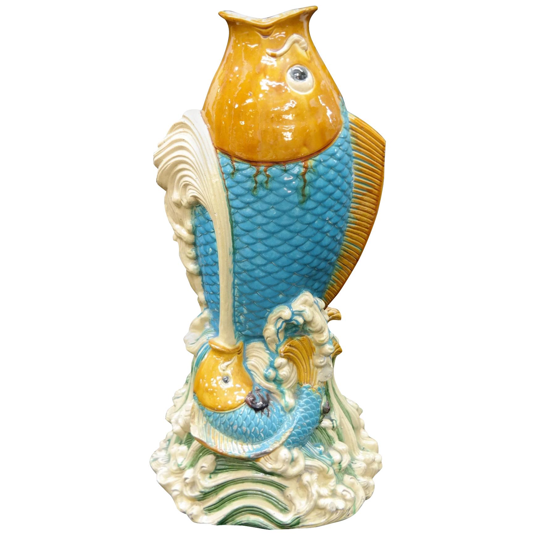 Asian Glazed Ceramic Leaping Fish Giant Floor Vase, 20th Century