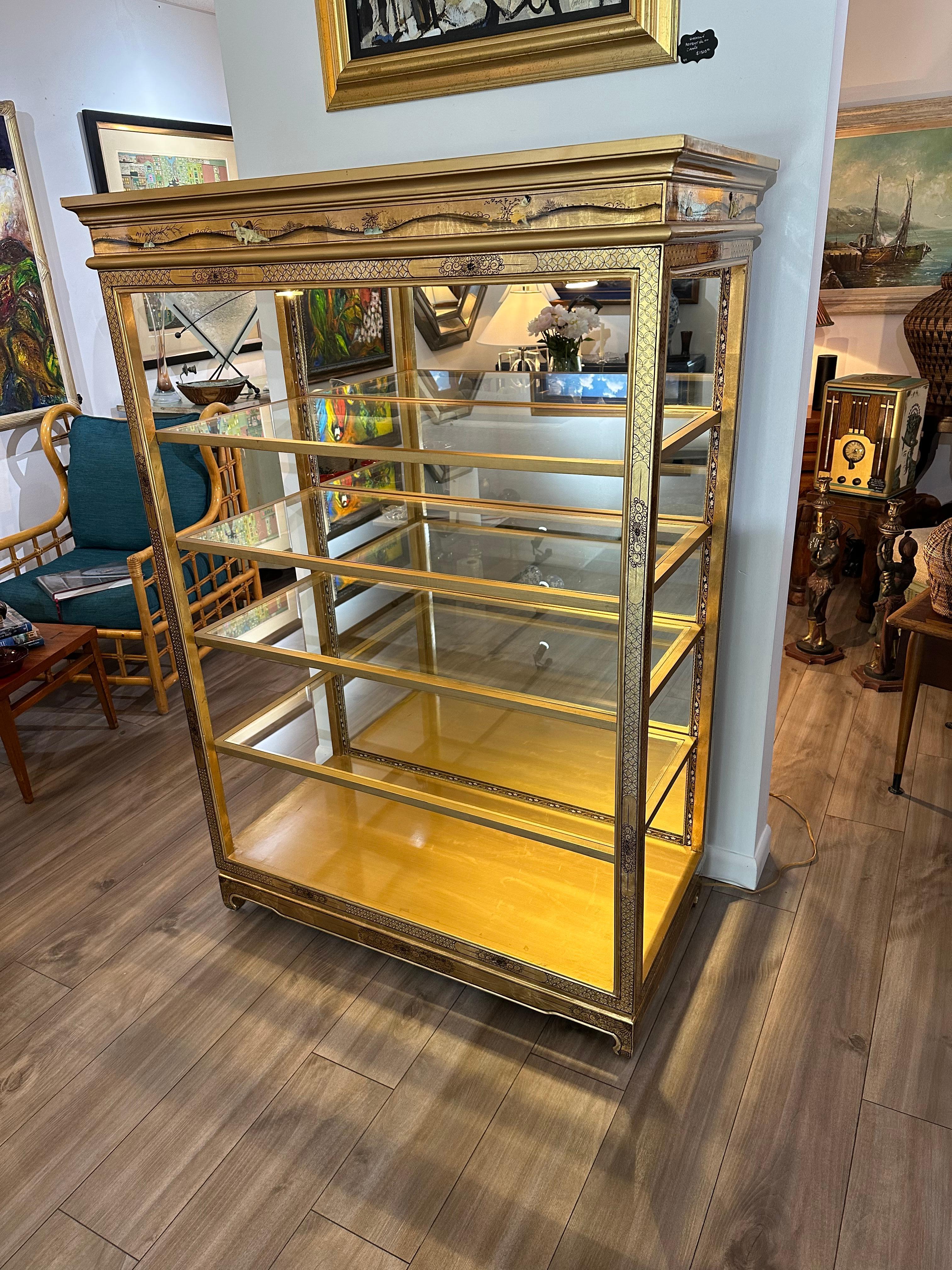 Metal Asian Gold Hand Painted Open Curio Display Cabinet For Sale