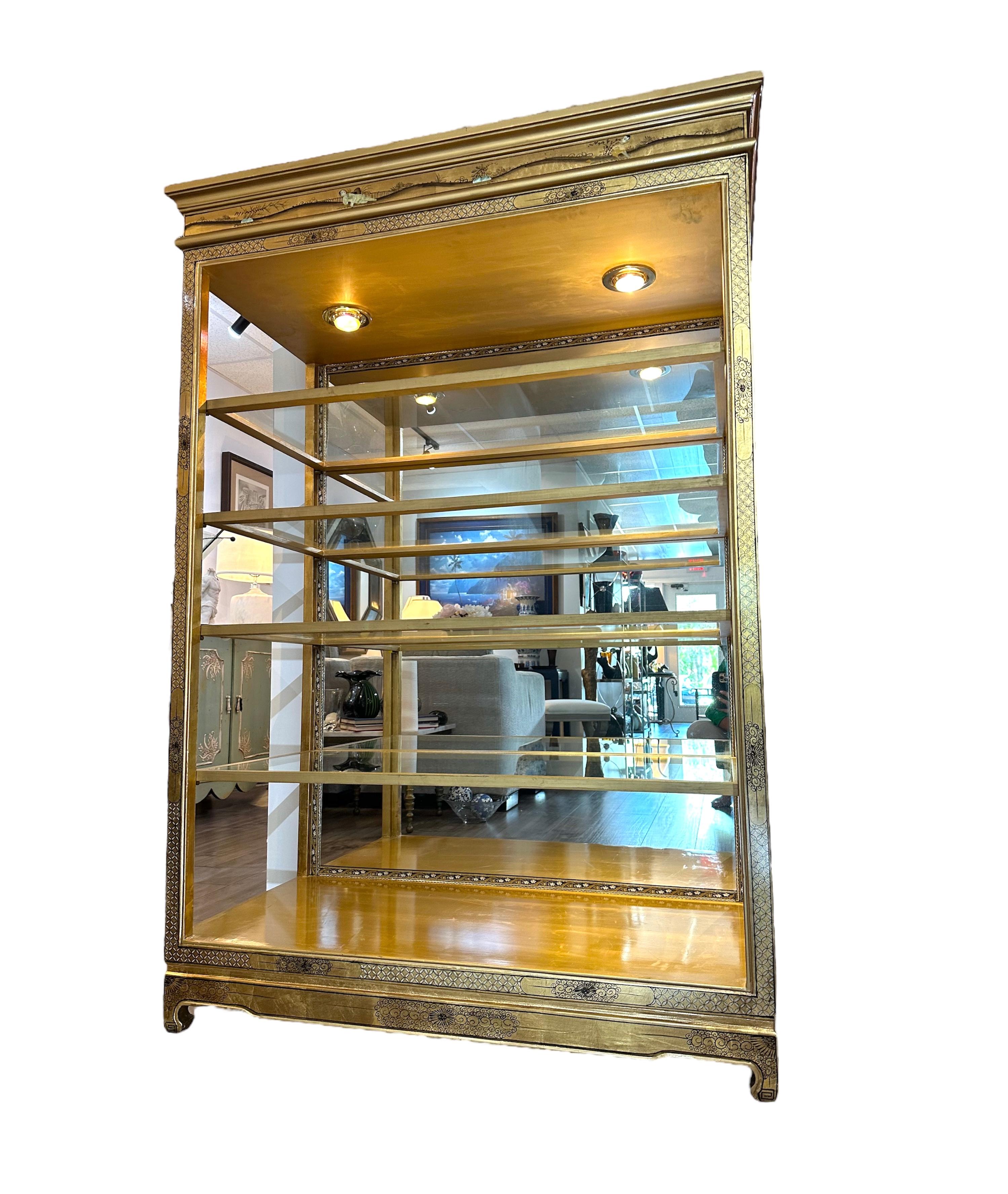 Chinoiserie Asian Gold Hand Painted Open Curio Display Cabinet  For Sale