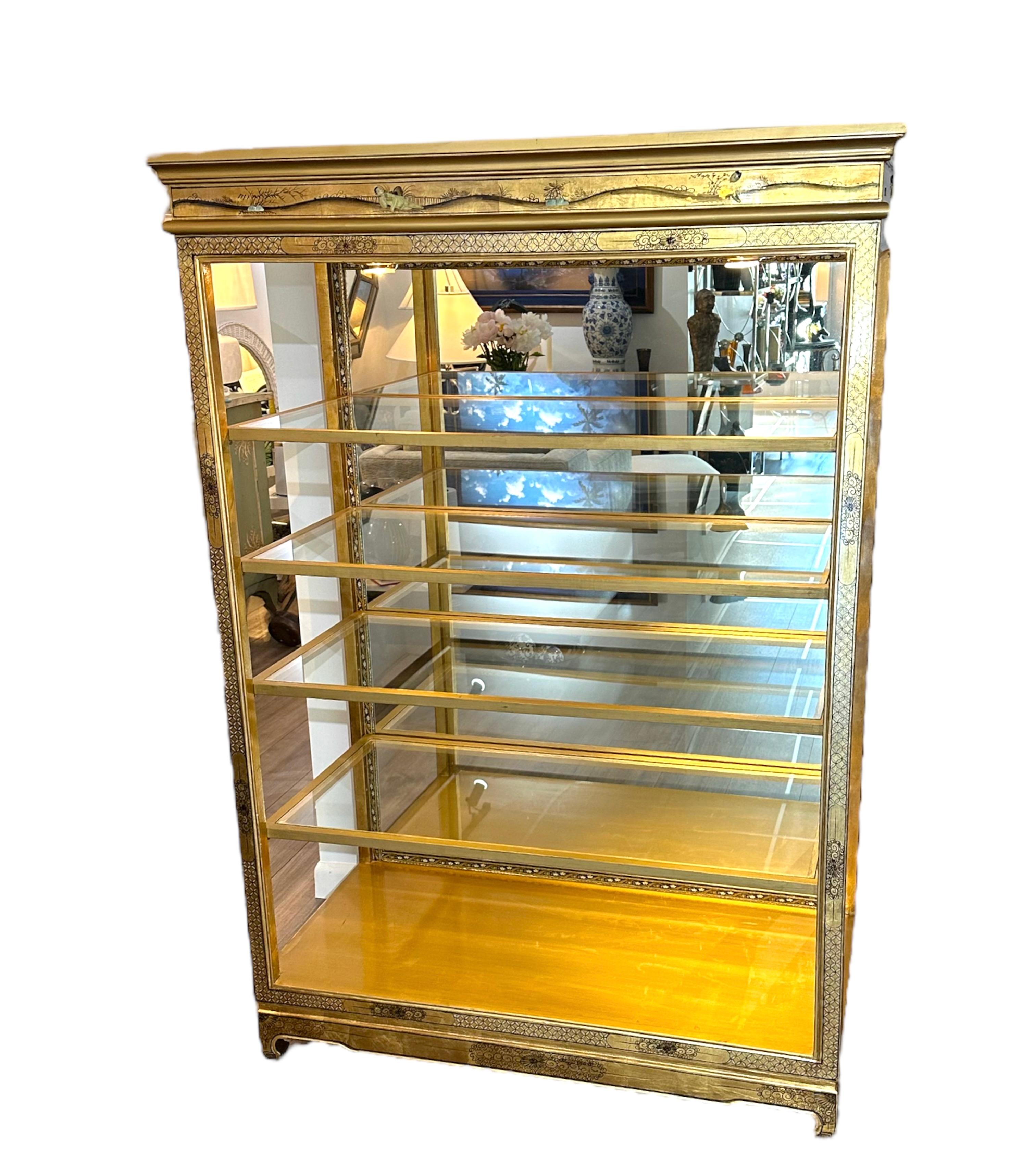Chinese Asian Gold Hand Painted Open Curio Display Cabinet  For Sale