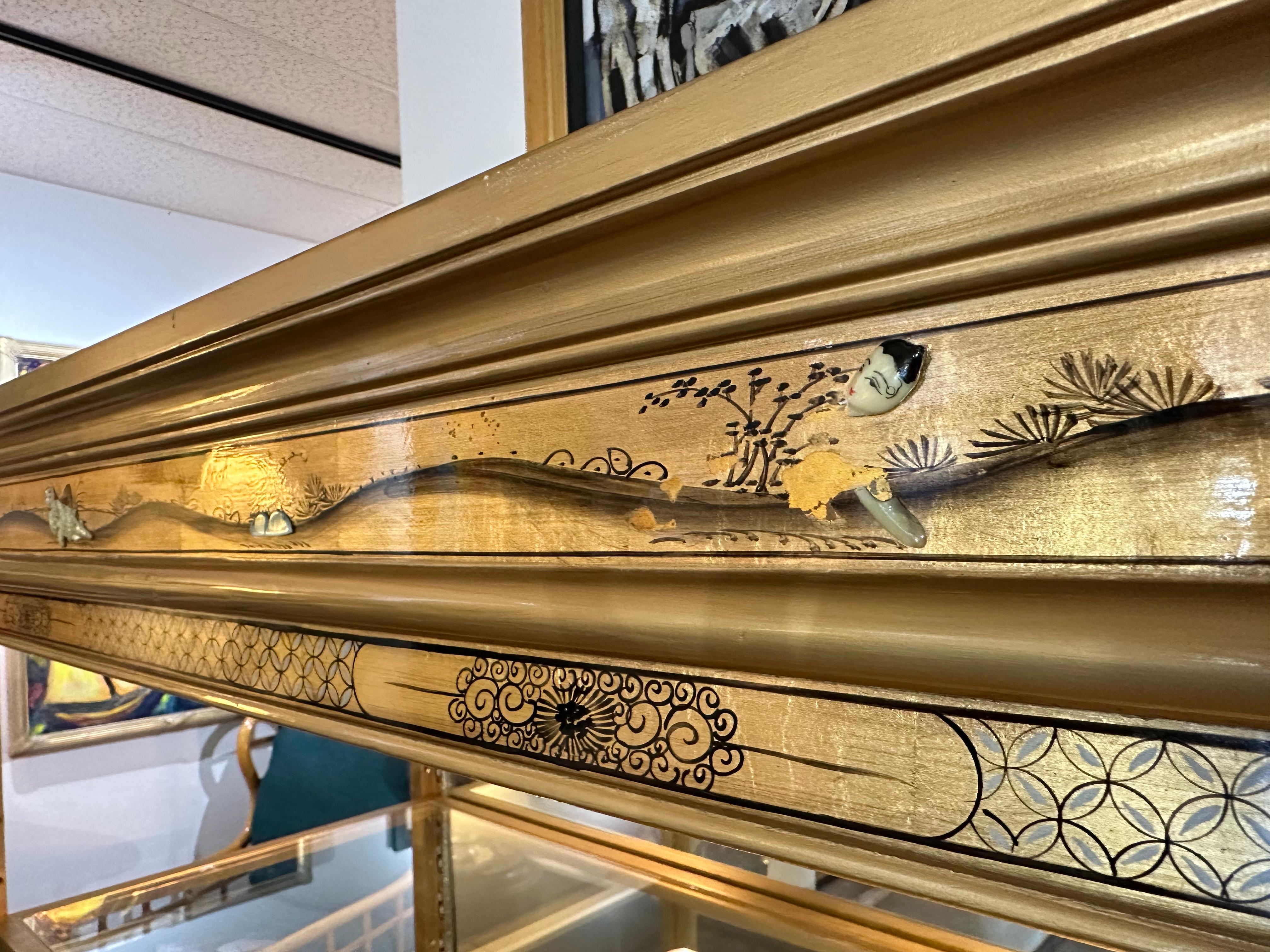 Chinese Asian Gold Hand Painted Open Curio Display Cabinet For Sale