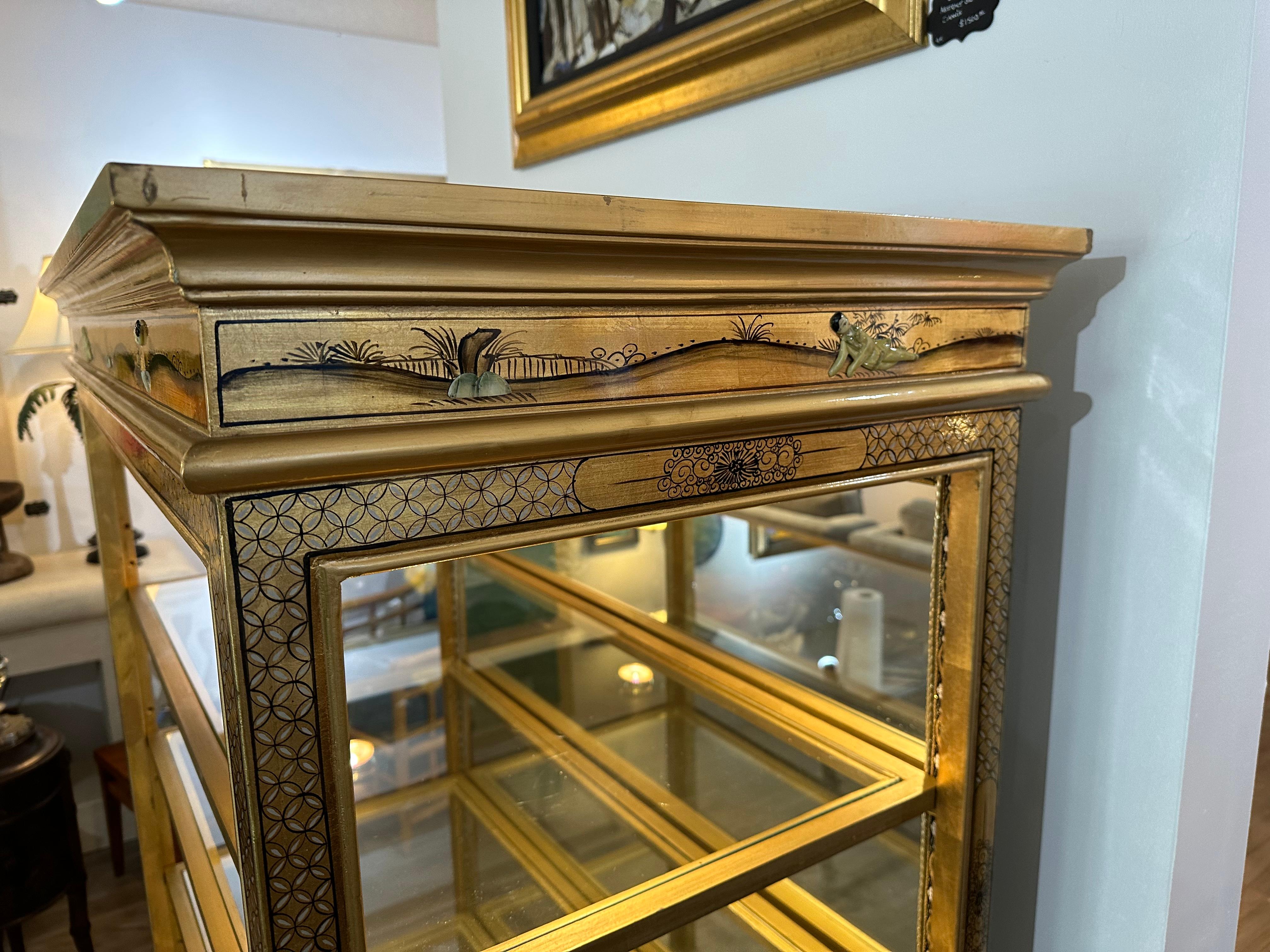Carved Asian Gold Hand Painted Open Curio Display Cabinet For Sale