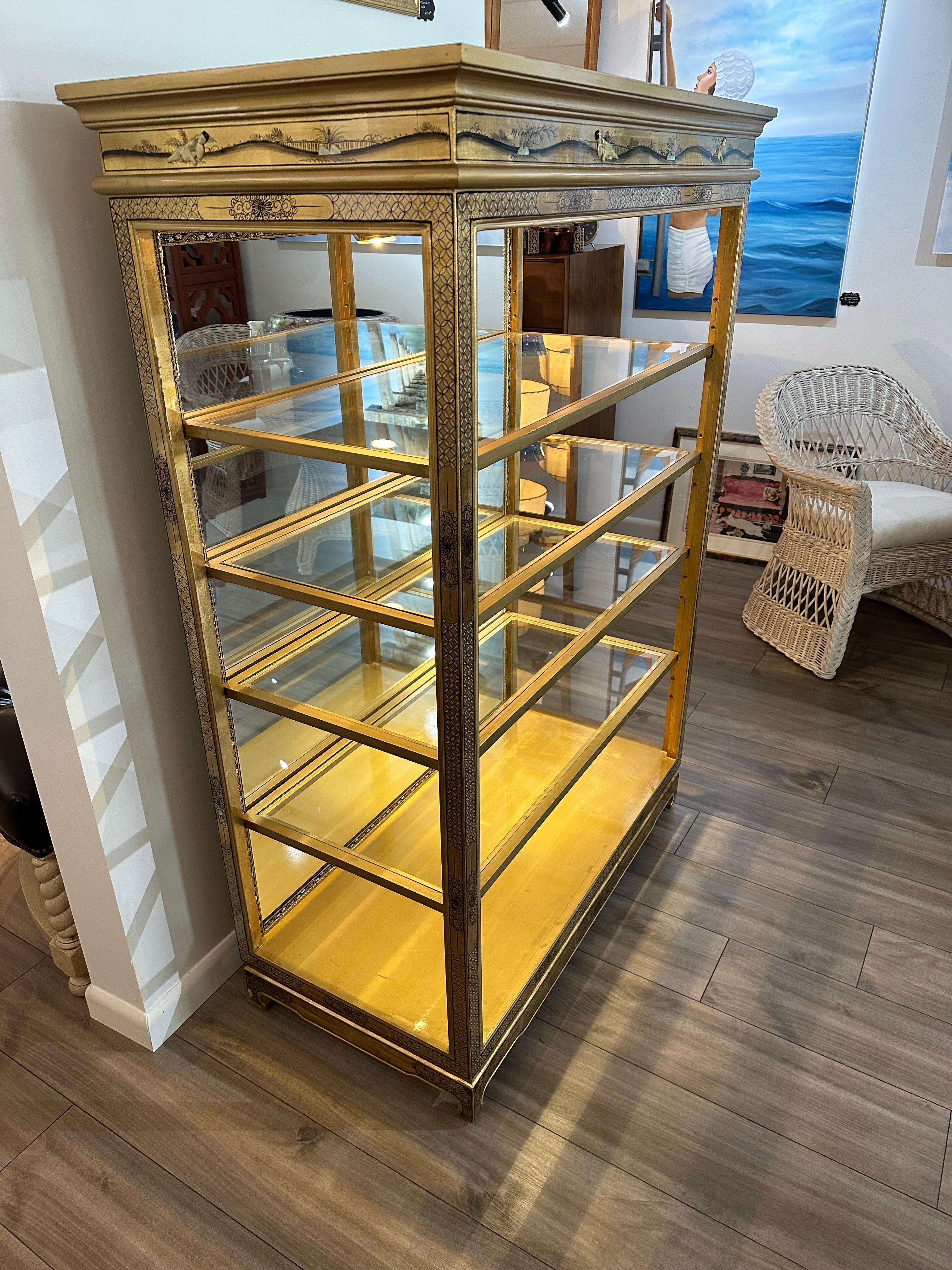 20th Century Asian Gold Hand Painted Open Curio Display Cabinet  For Sale