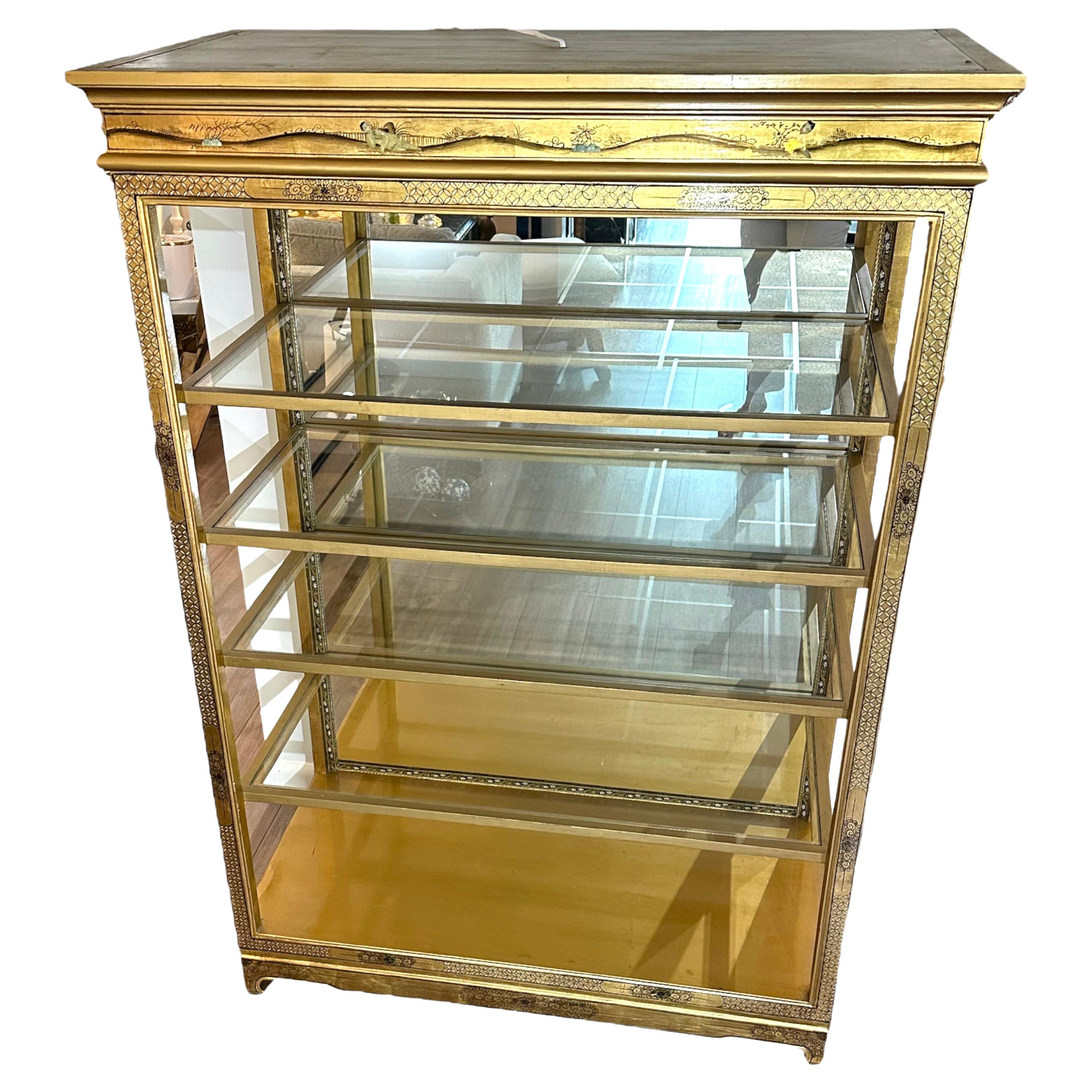 Asian Gold Hand Painted Open Curio Display Cabinet  For Sale