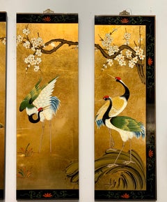 Asian Gold Leaf Panels with Cranes, Set of 4