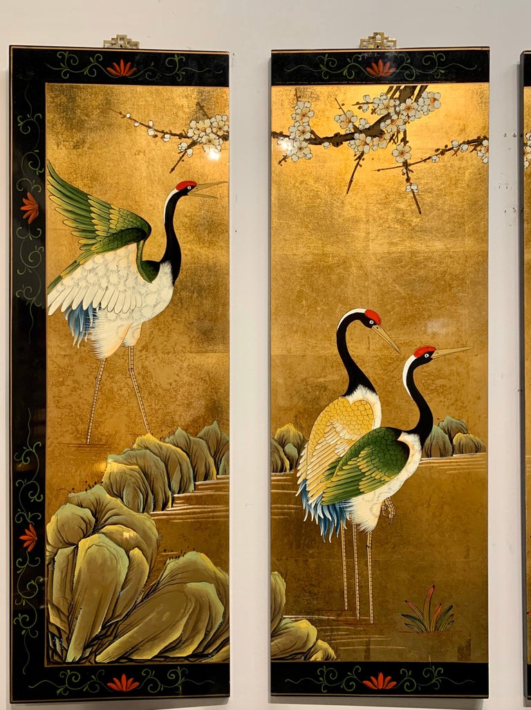 Asian Gold Leaf Panels with Cranes, Set of 4 at 1stDibs