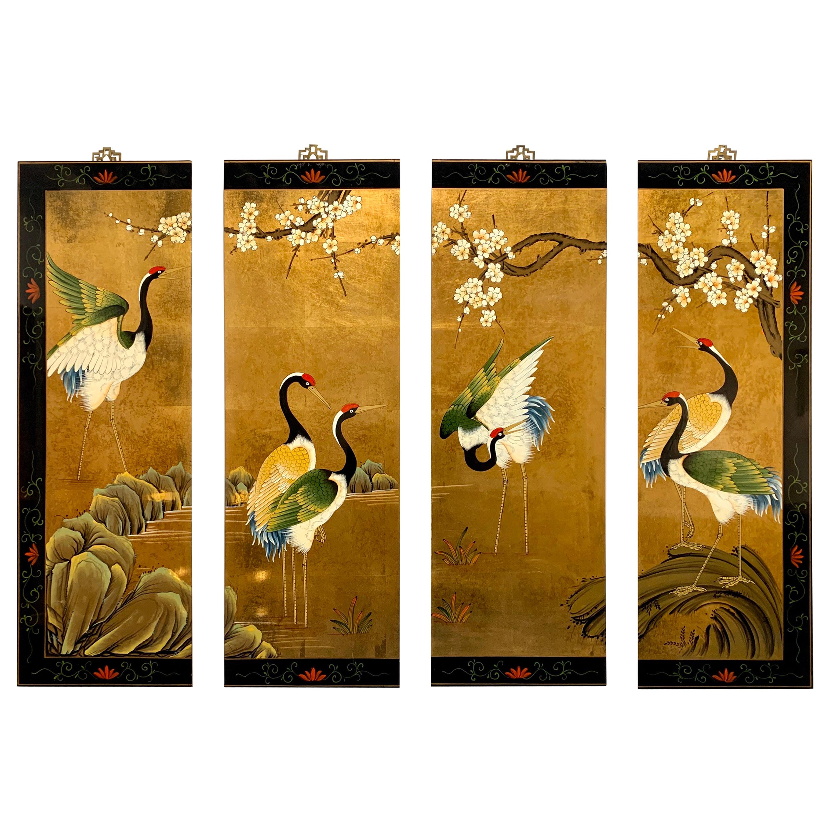 Asian Gold Leaf Panels with Cranes, Set of 4