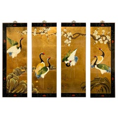 Vintage Asian Gold Leaf Panels with Cranes, Set of 4
