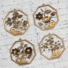 Asian Gold Painted Octagon Wood & Metal Four Seasons Wall Plaques Made Hong Kong