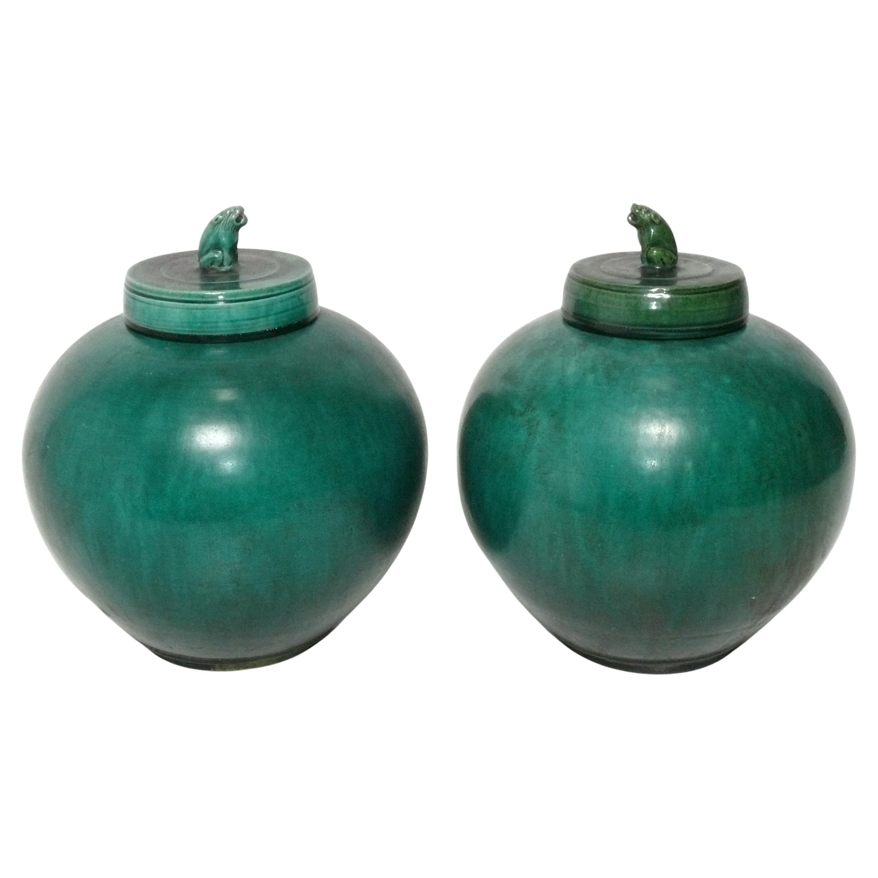 Asian Green Ceramic Lidded Urns For Sale