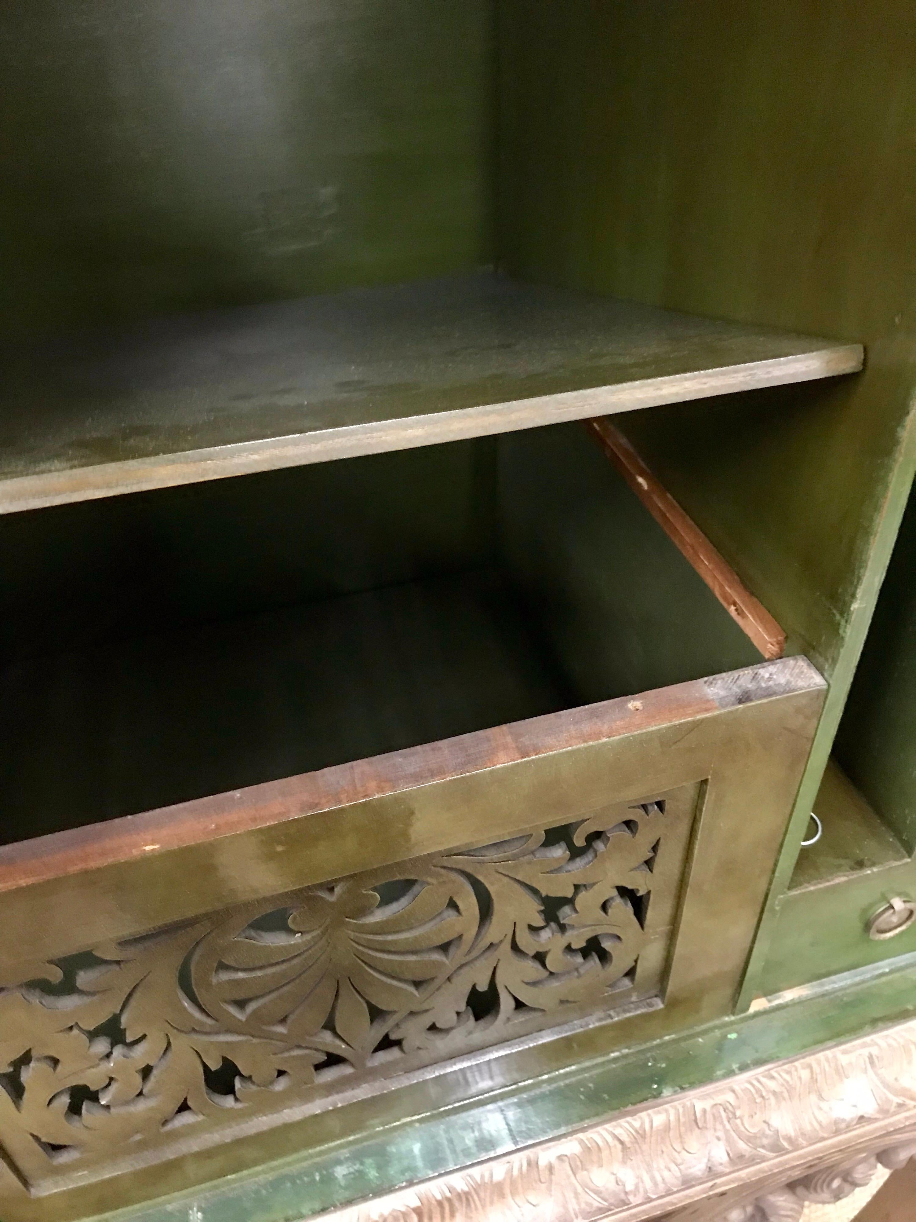 Asian Green Chinoiserie Cabinet Bar Sideboard Server Buffet on Carved Stand 5