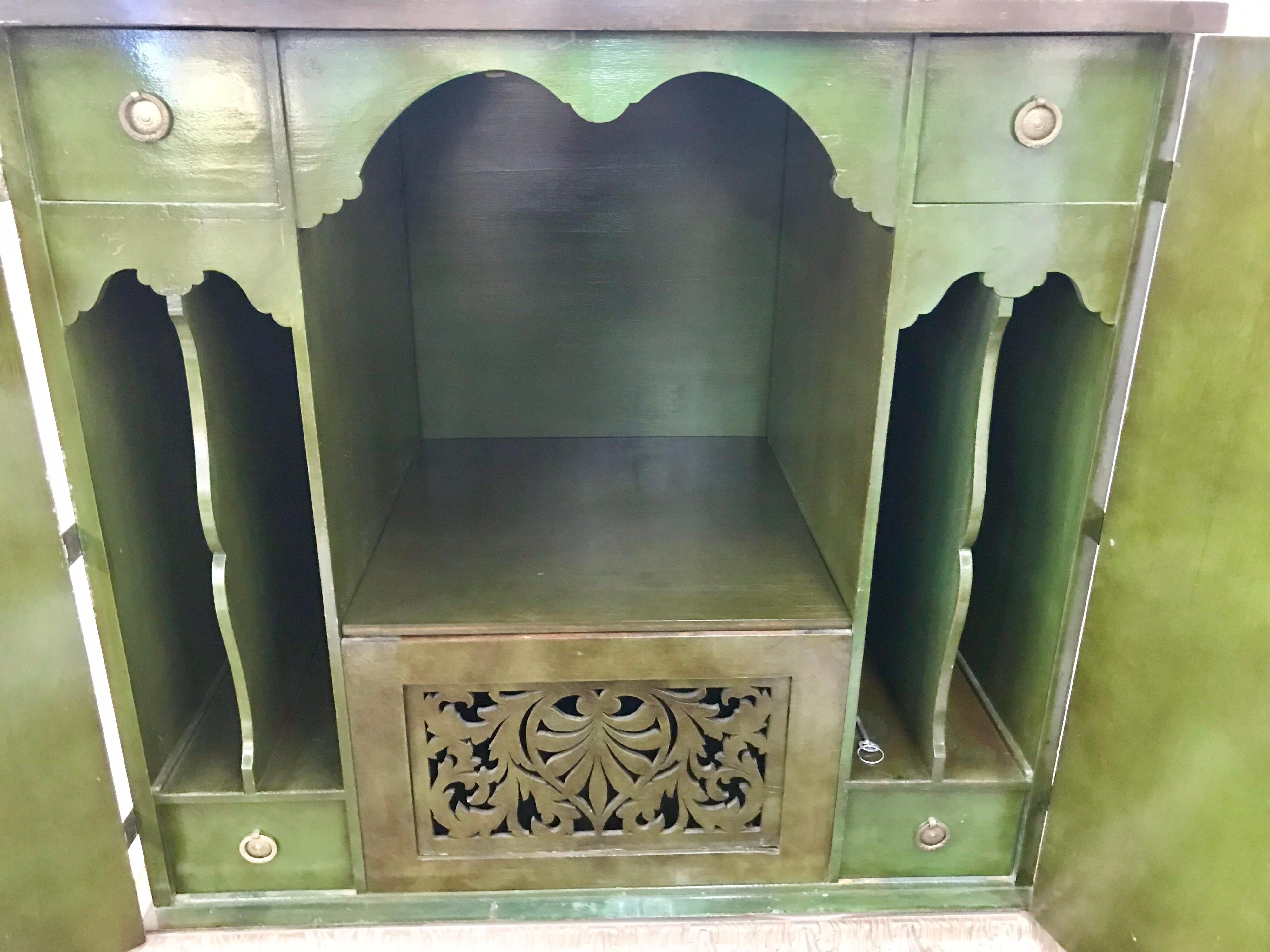 Asian Green Chinoiserie Cabinet Bar Sideboard Server Buffet on Carved Stand 6