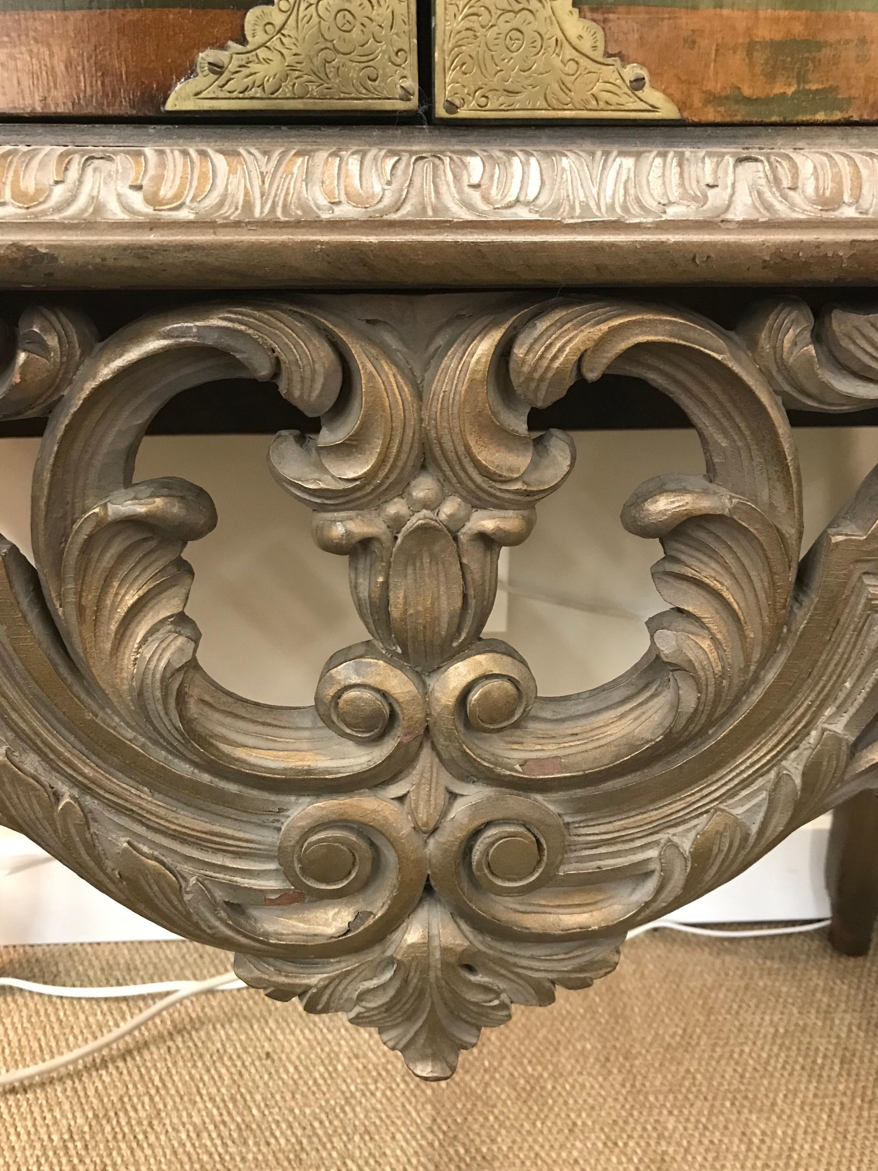 Chinese Asian Green Chinoiserie Cabinet Bar Sideboard Server Buffet on Carved Stand