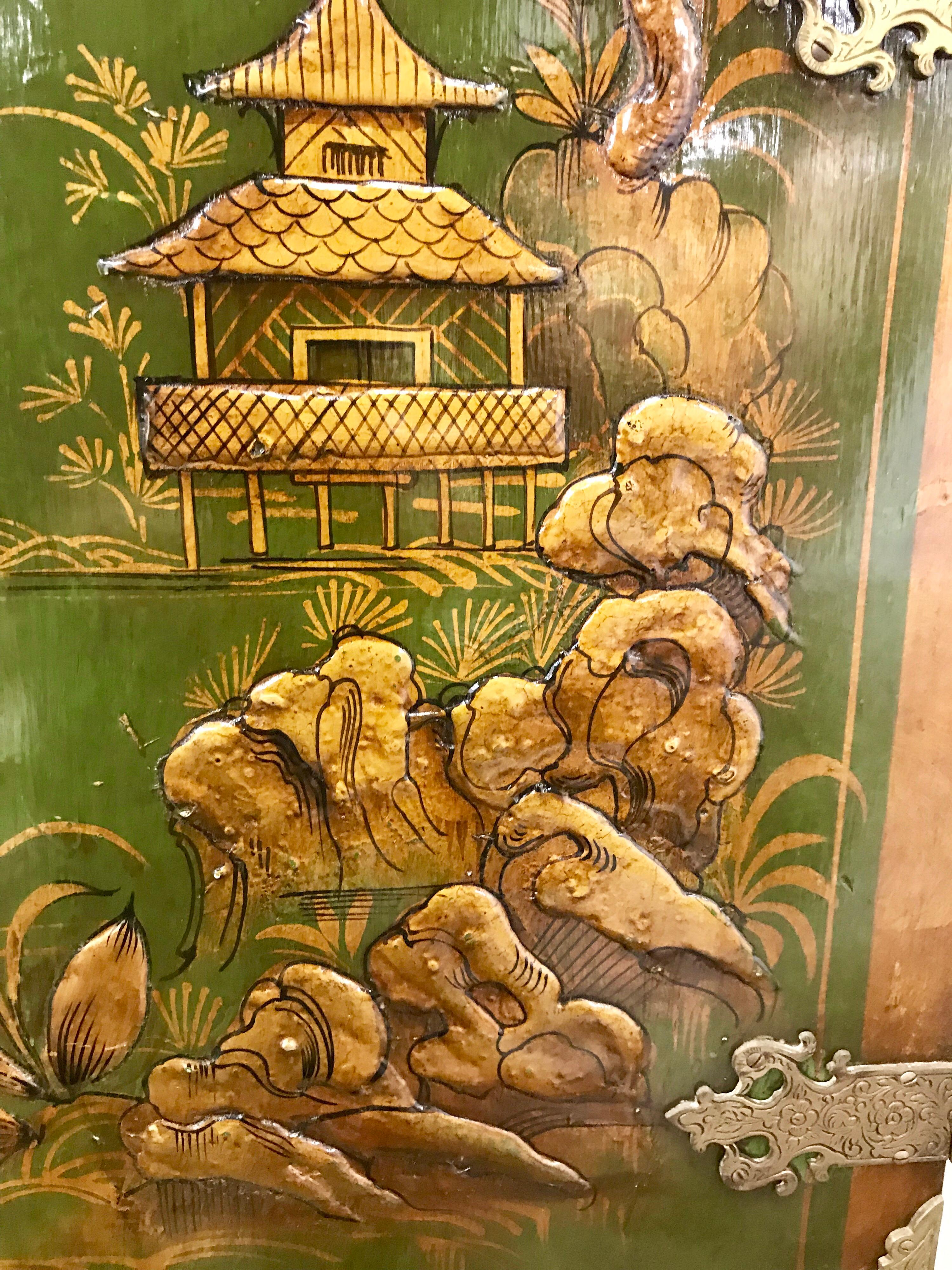 Early 20th Century Asian Green Chinoiserie Cabinet Bar Sideboard Server Buffet on Carved Stand