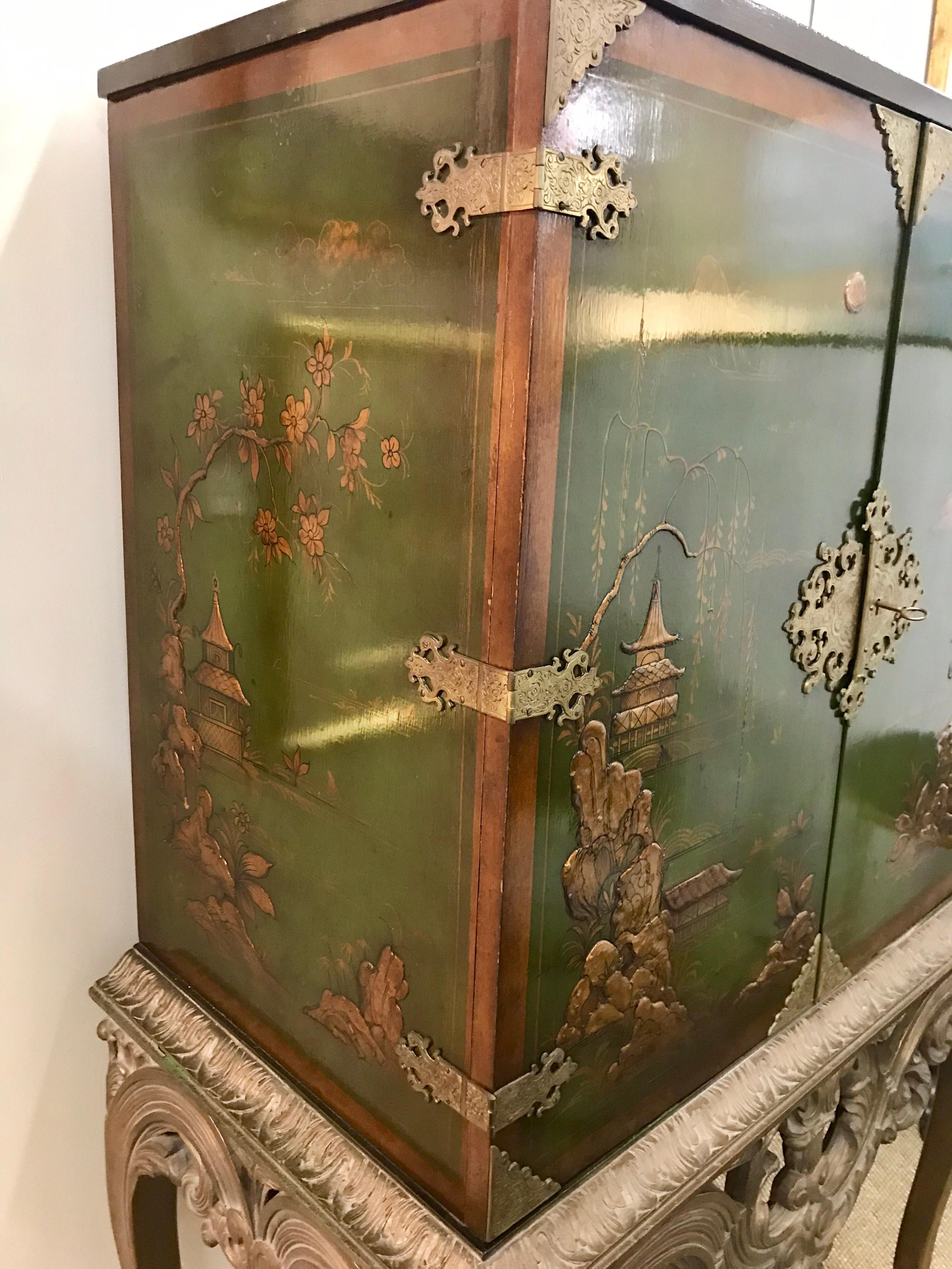 Asian Green Chinoiserie Cabinet Bar Sideboard Server Buffet on Carved Stand 1