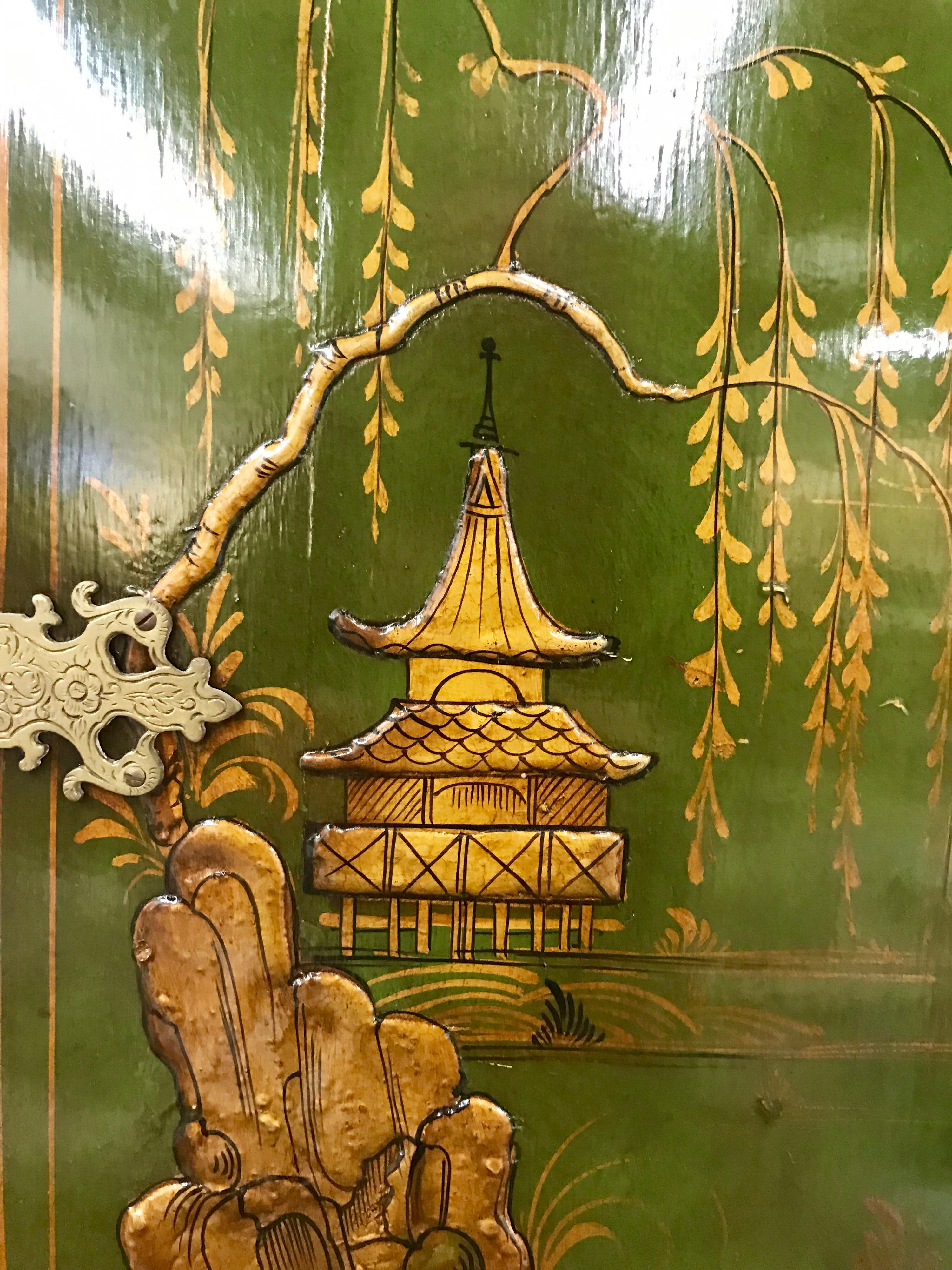 Asian Green Chinoiserie Cabinet Bar Sideboard Server Buffet on Carved Stand 2