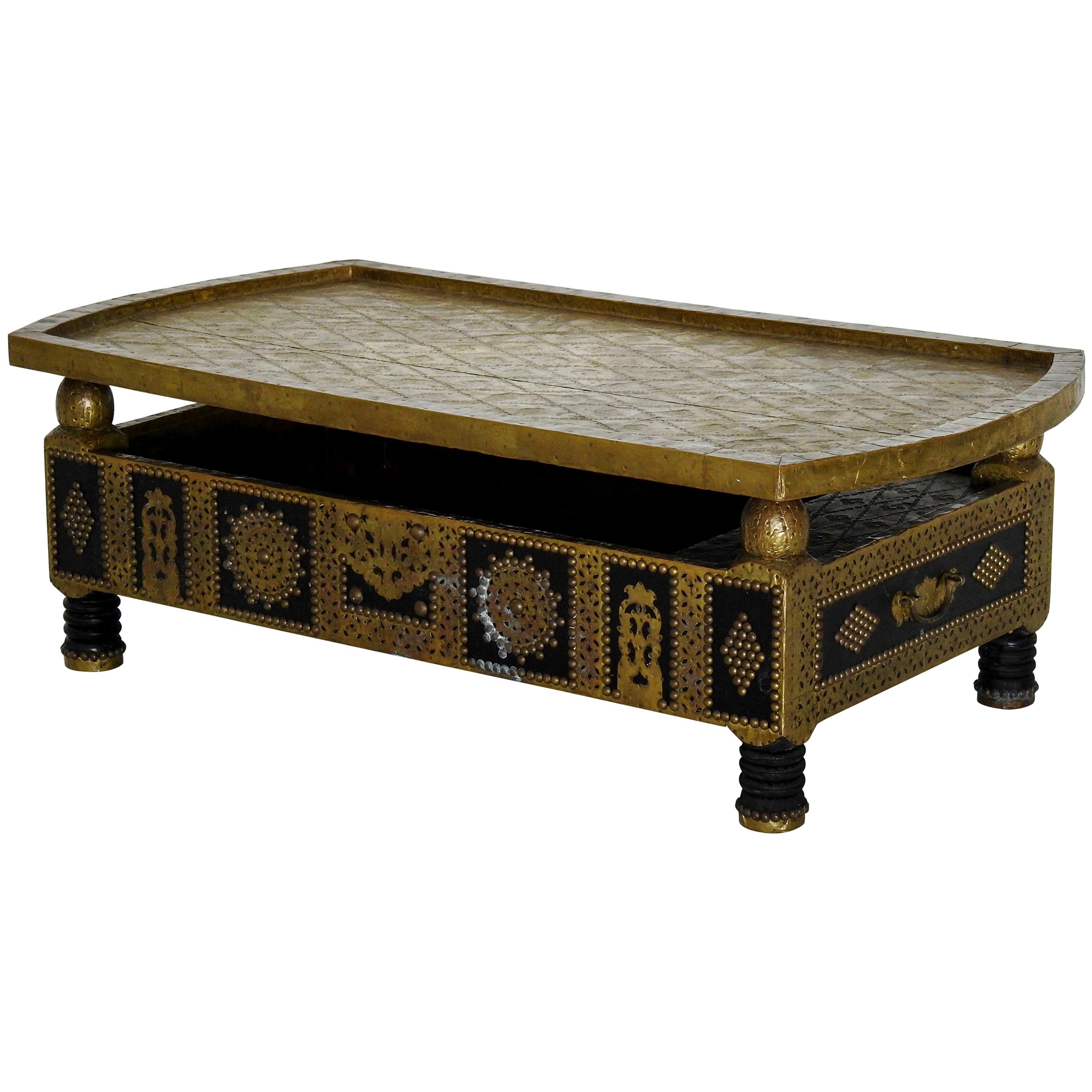 Asian Hammered Brass and Tacks on Wooden Coffee Table For Sale