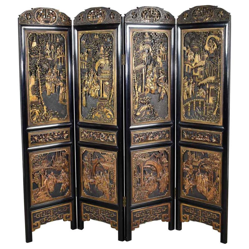 Asian Hand Carved 4-Panel Folding Screen or Room Divider Lacquered and ...