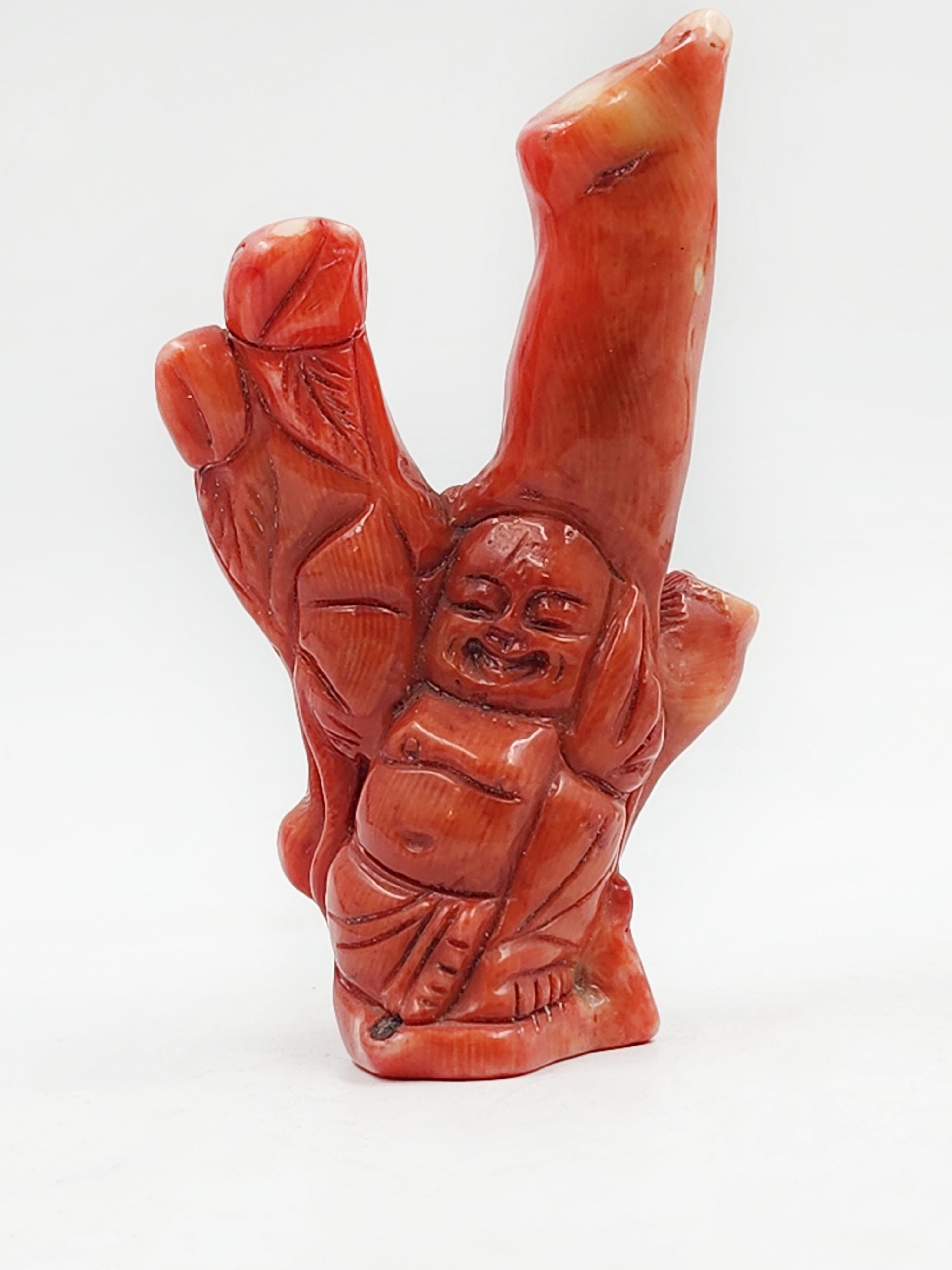 Qing Asian Hand Carved Buddha Coral Figurine from the Qinq Dynasty For Sale