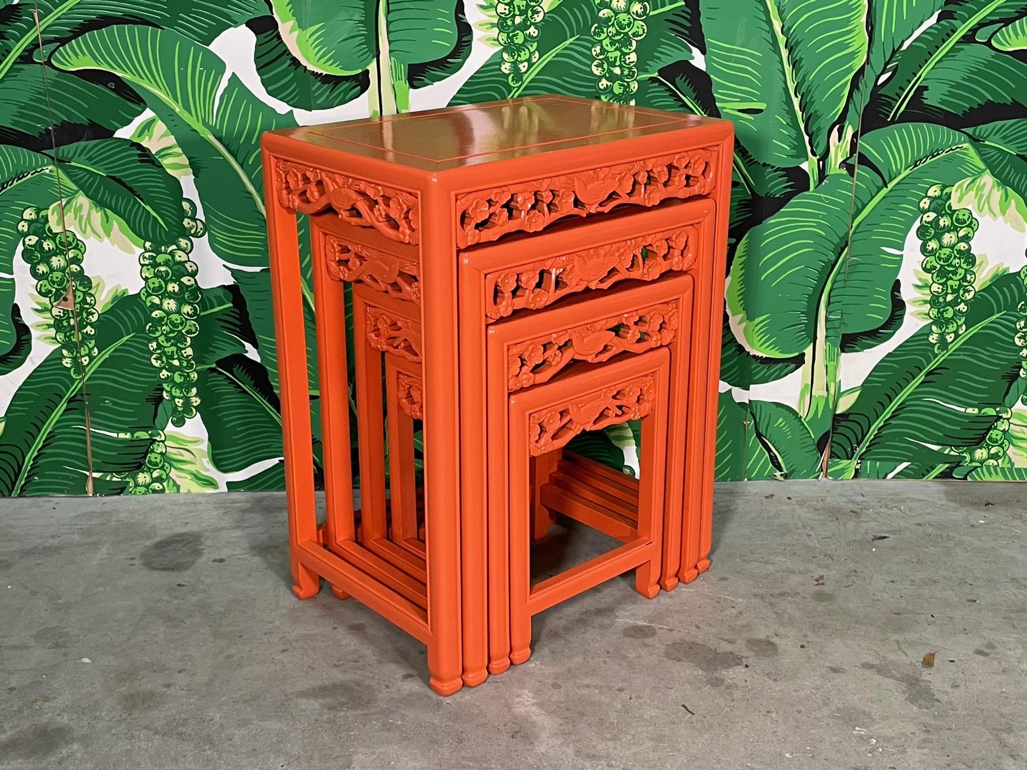 Hollywood Regency Asian Hand Carved Nesting or Stacking Tables For Sale