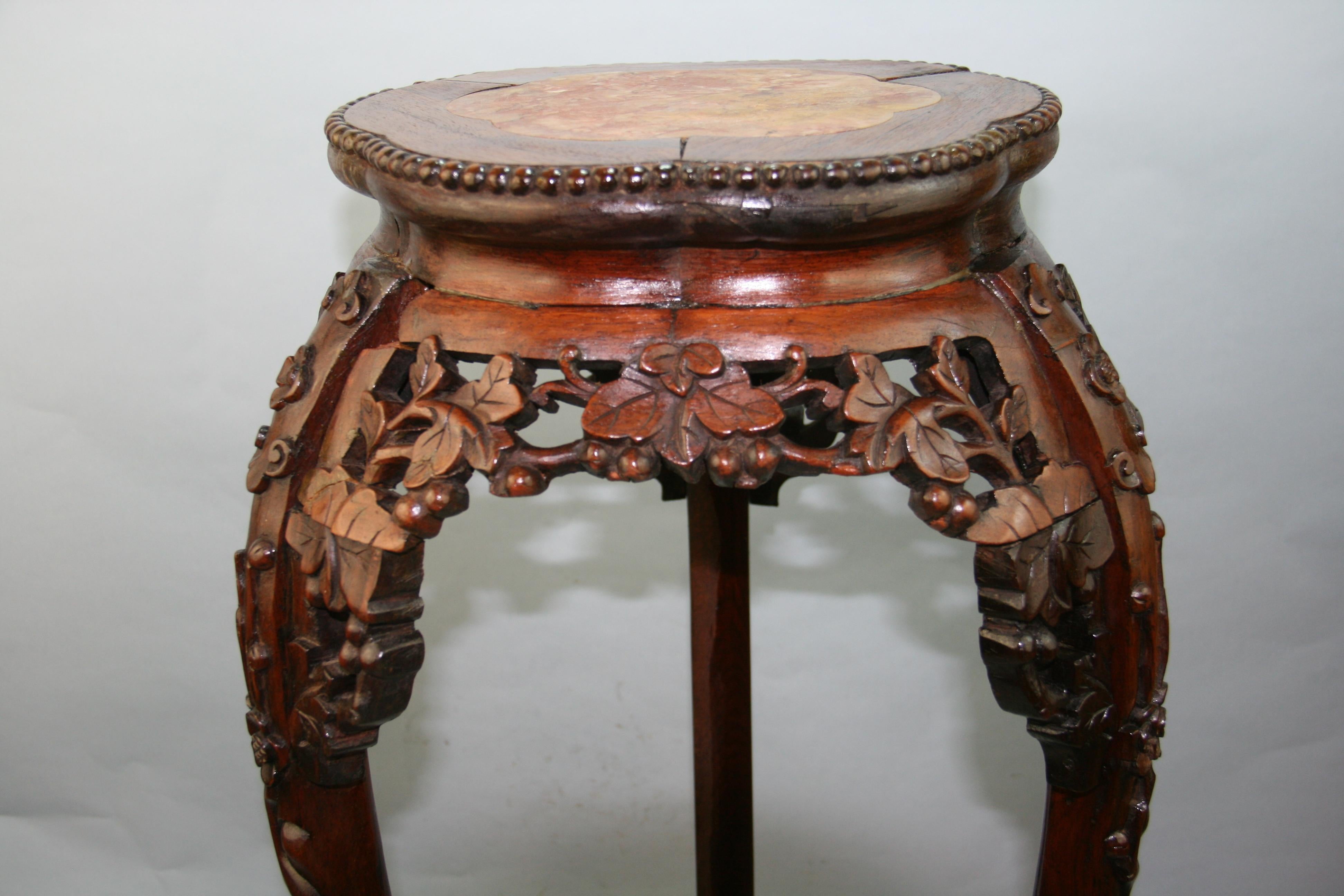 Asian Hand Carved Rosewood and Inlaid Marble Pedestal For Sale 5