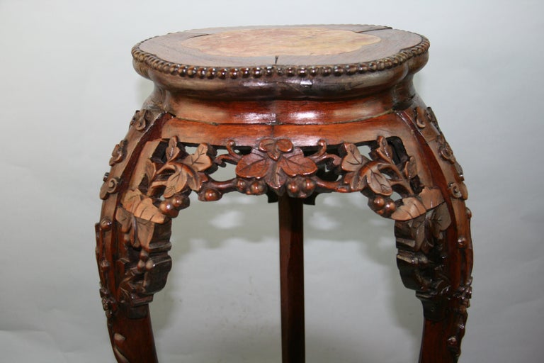 Asian Hand Carved Rosewood and Inlaid Marble Pedestal For Sale 8