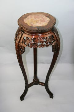 Asian Hand Carved Rosewood and Inlaid Marble Pedestal