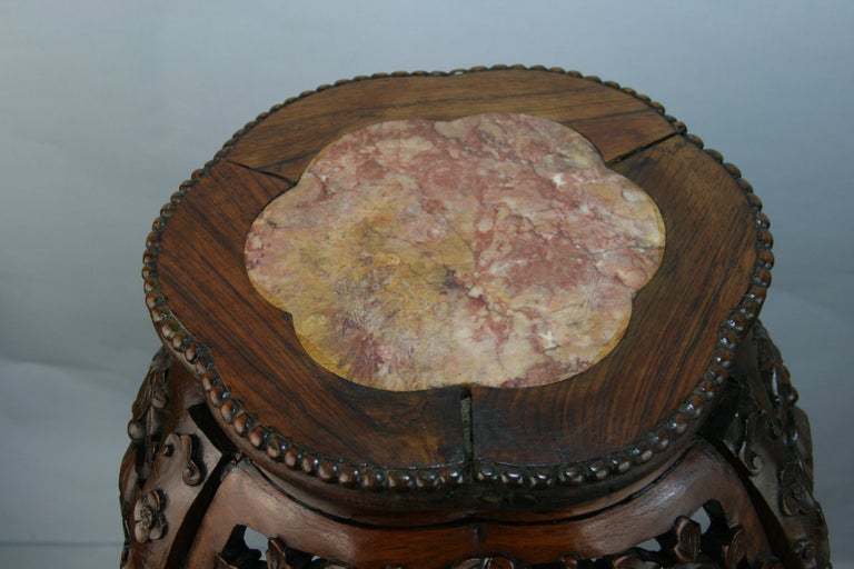 Asian Hand Carved Rosewood and Inlaid Marble Pedestal In Good Condition For Sale In Douglas Manor, NY