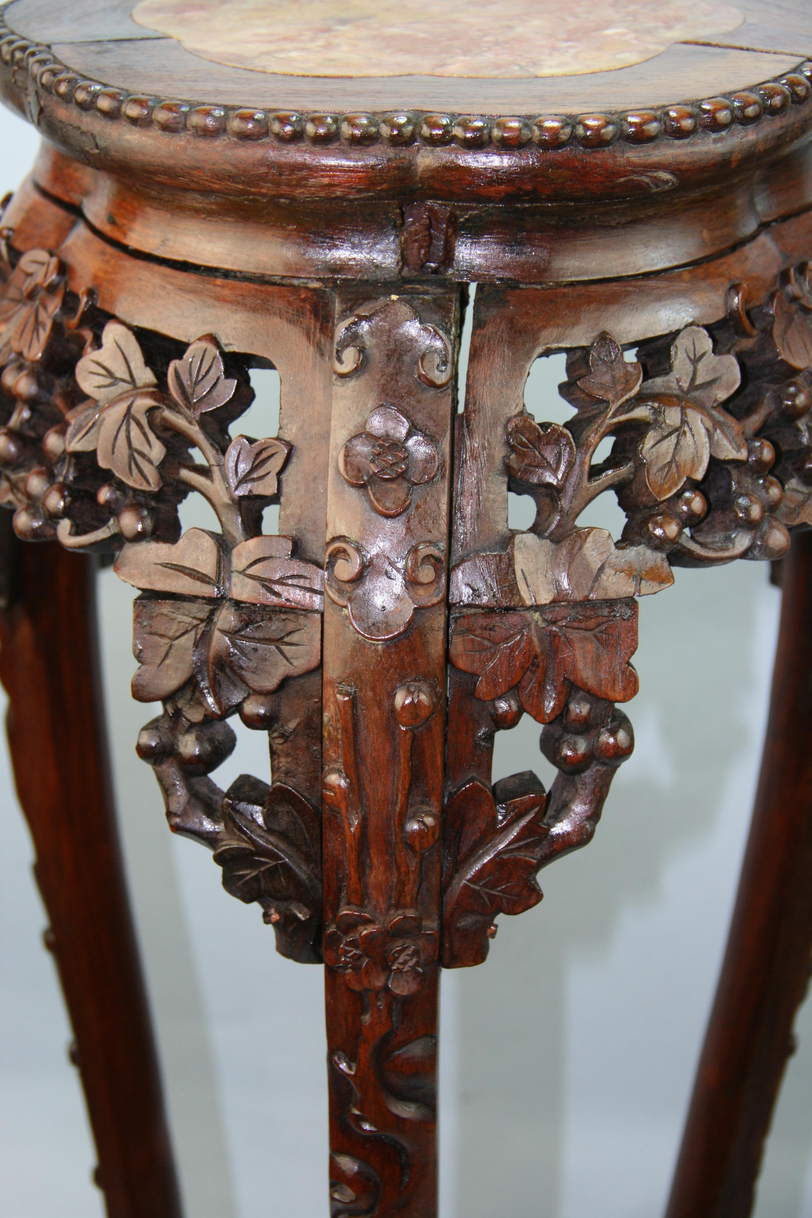 19th Century Asian Hand Carved Rosewood and Inlaid Marble Pedestal For Sale