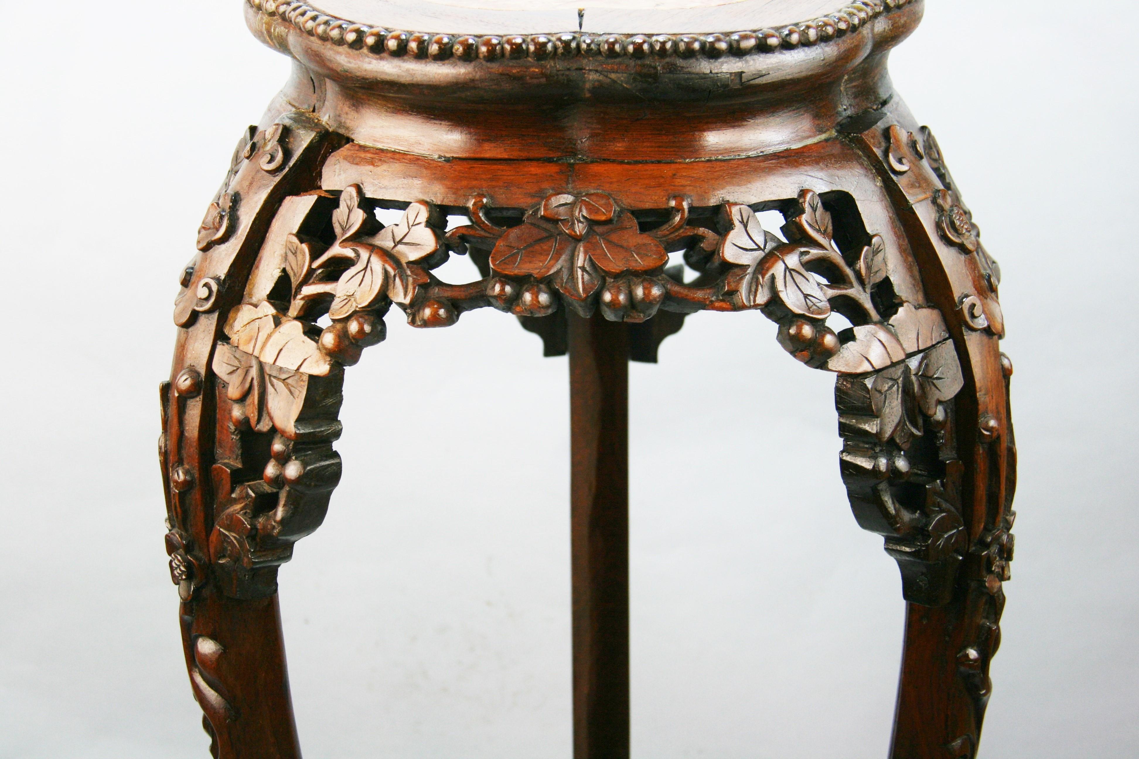 Asian Hand Carved Rosewood and Inlaid Marble Pedestal For Sale 2