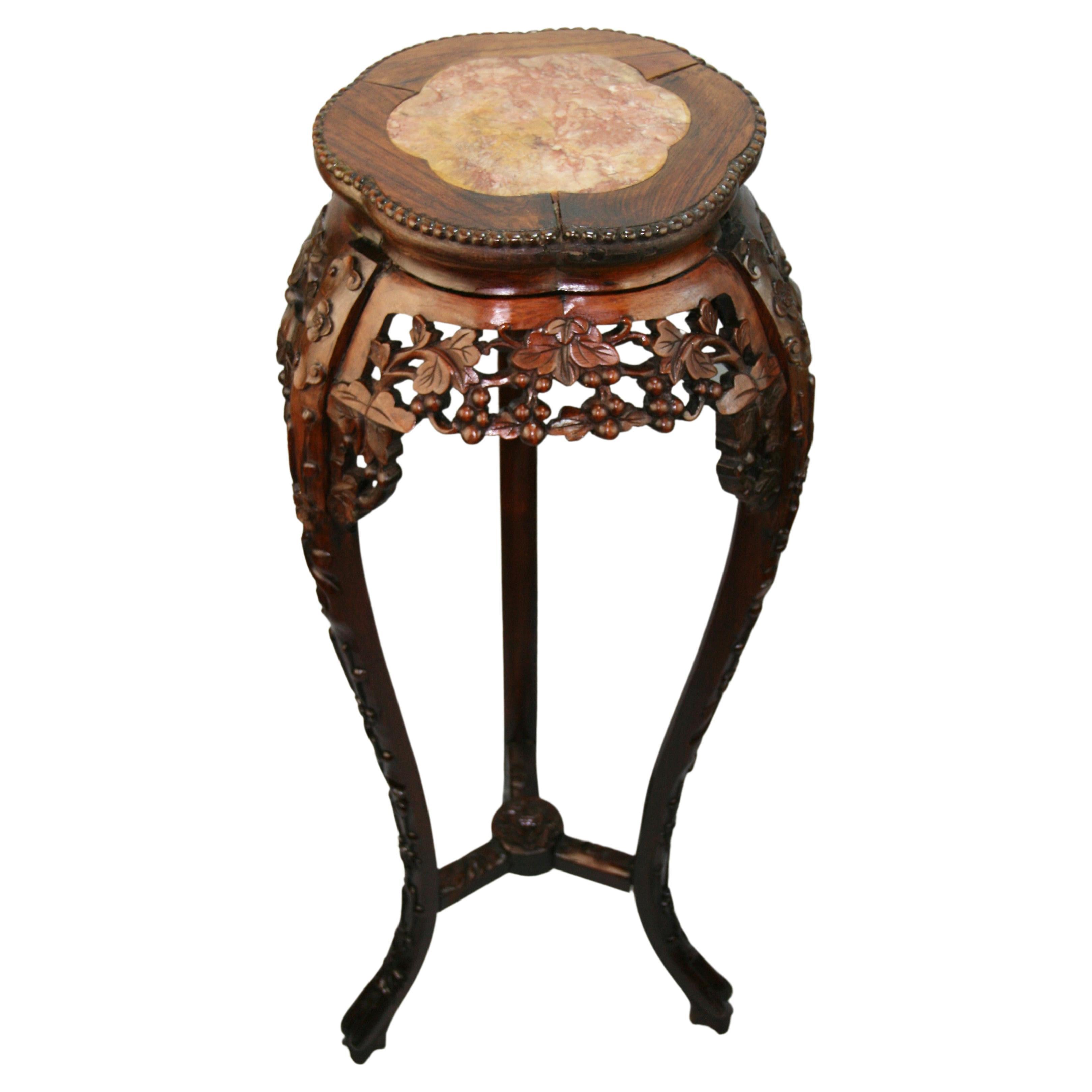 Asian Hand Carved Rosewood and Inlaid Marble Pedestal